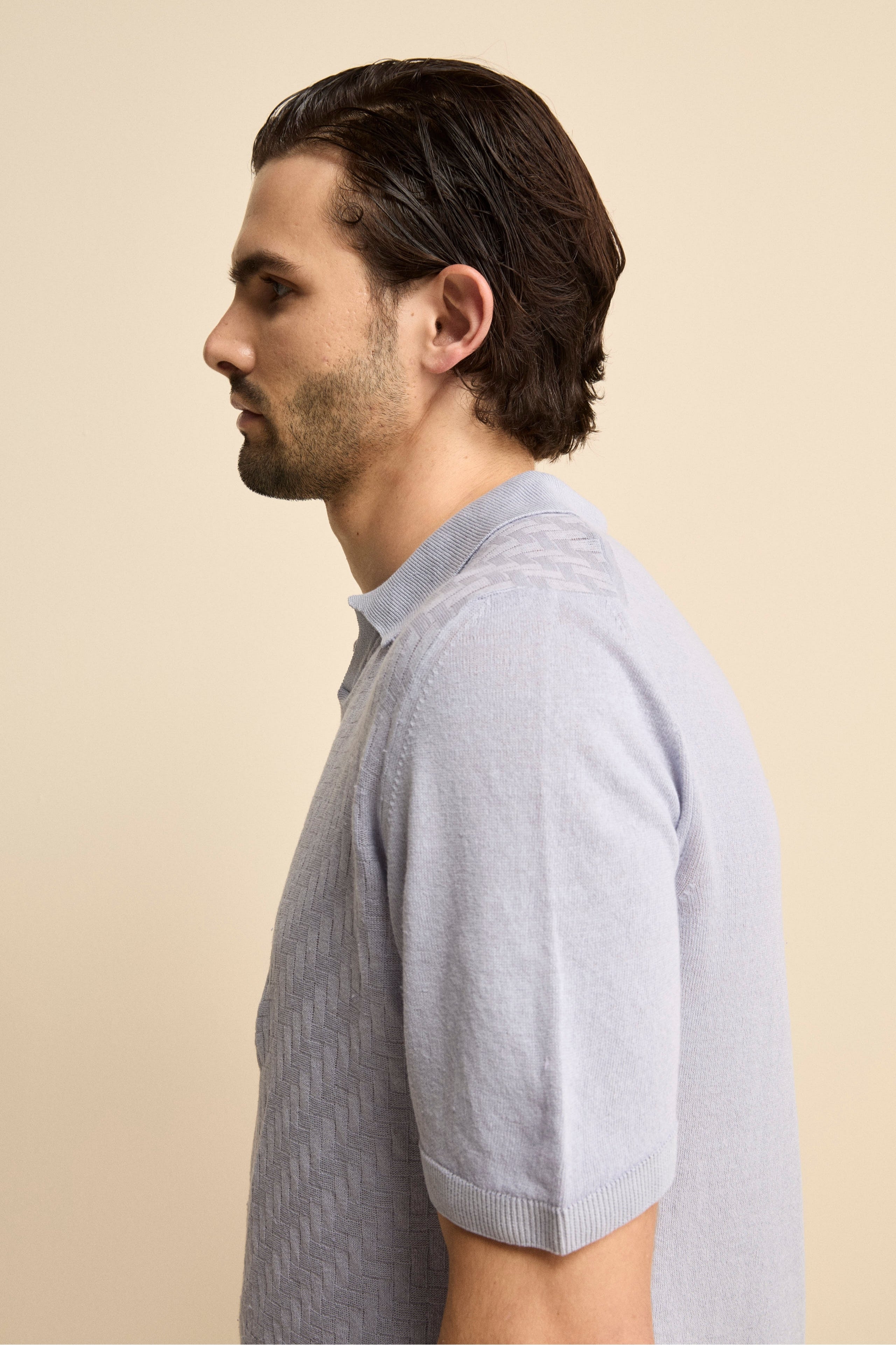 Polo Derby Mezza Manica in Misto Lino - AZZURRO