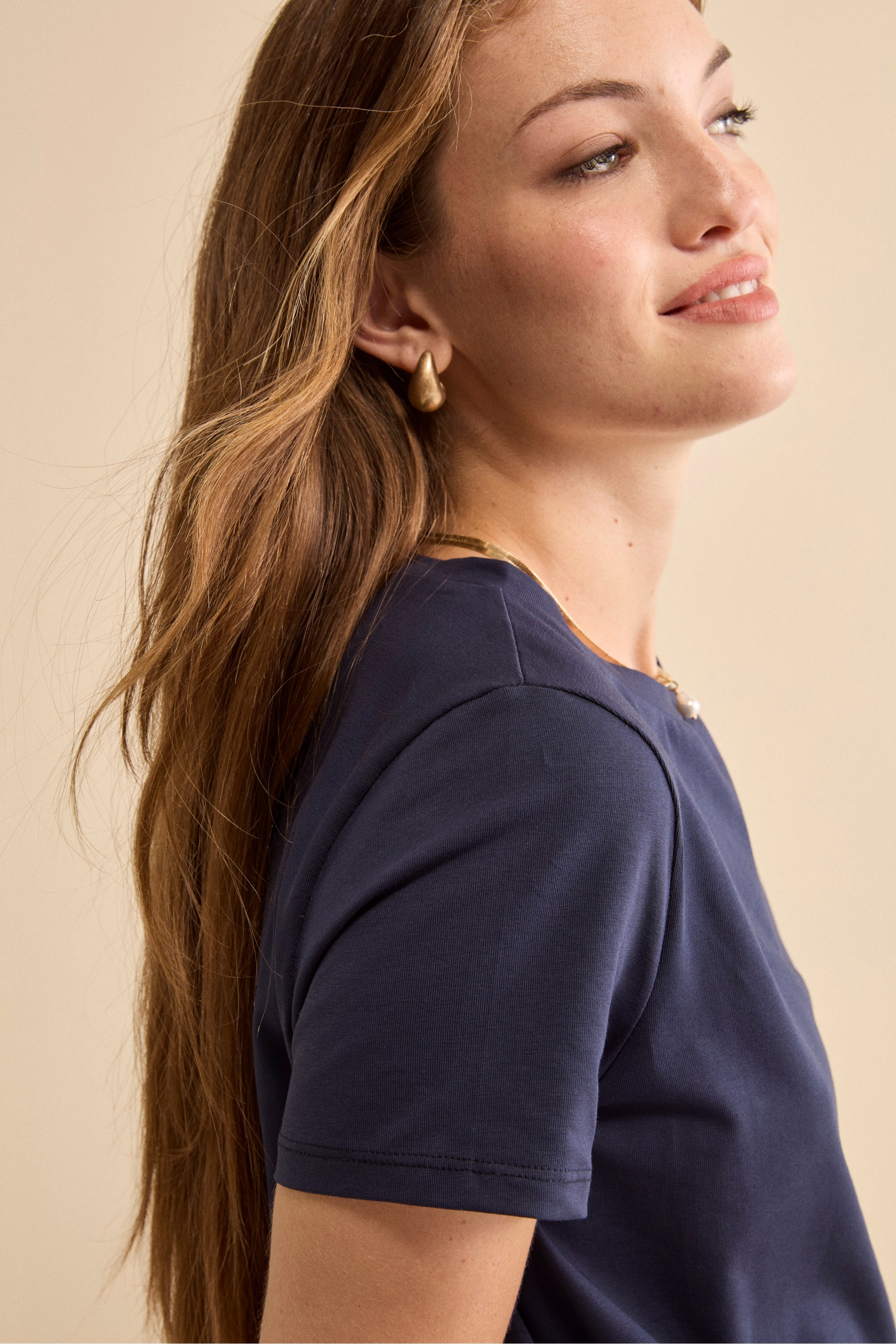 T-Shirt Girocollo in Cotone Elasticizzato - BLU