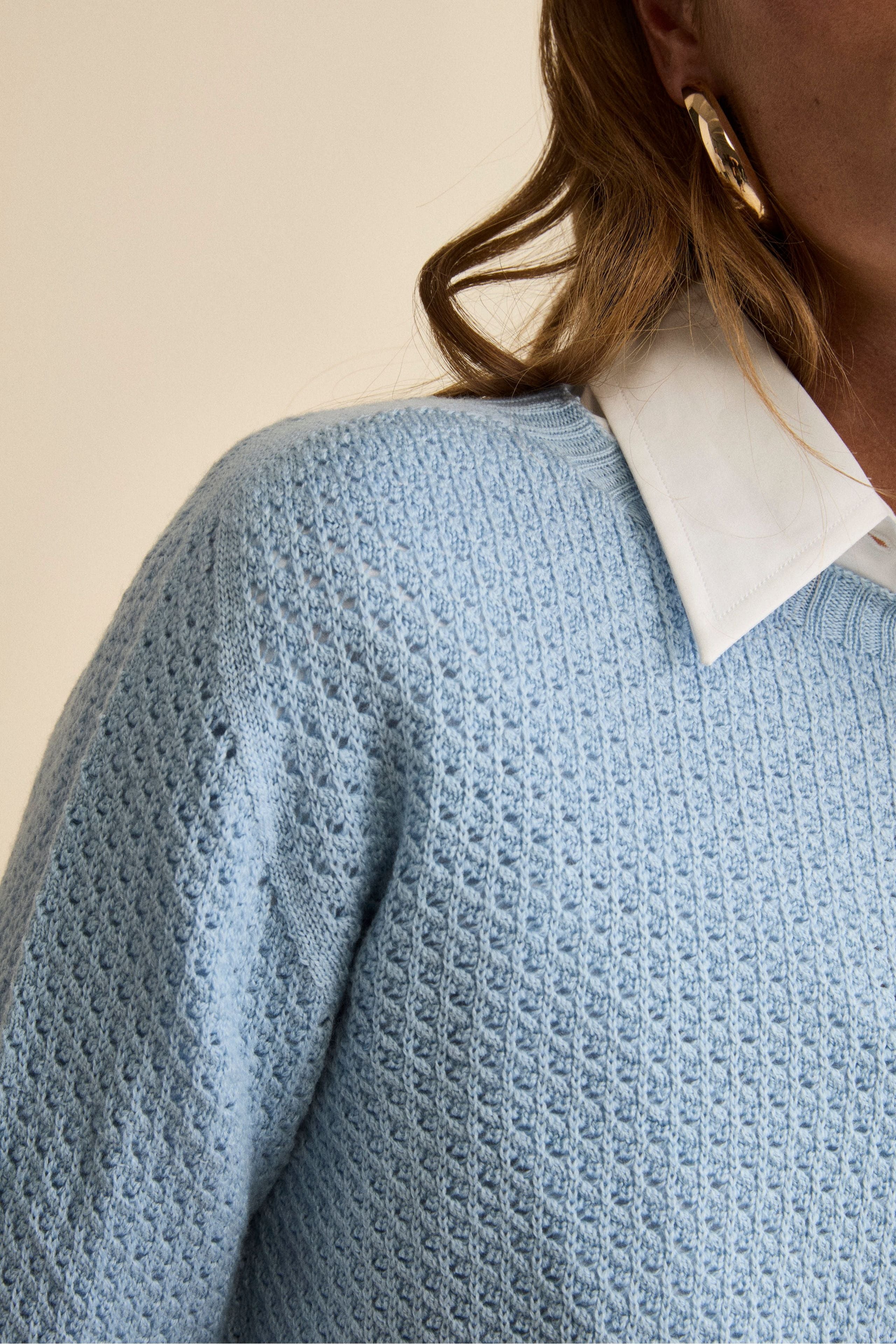Openwork Merino Wool Crewneck Sweater - Light blue
