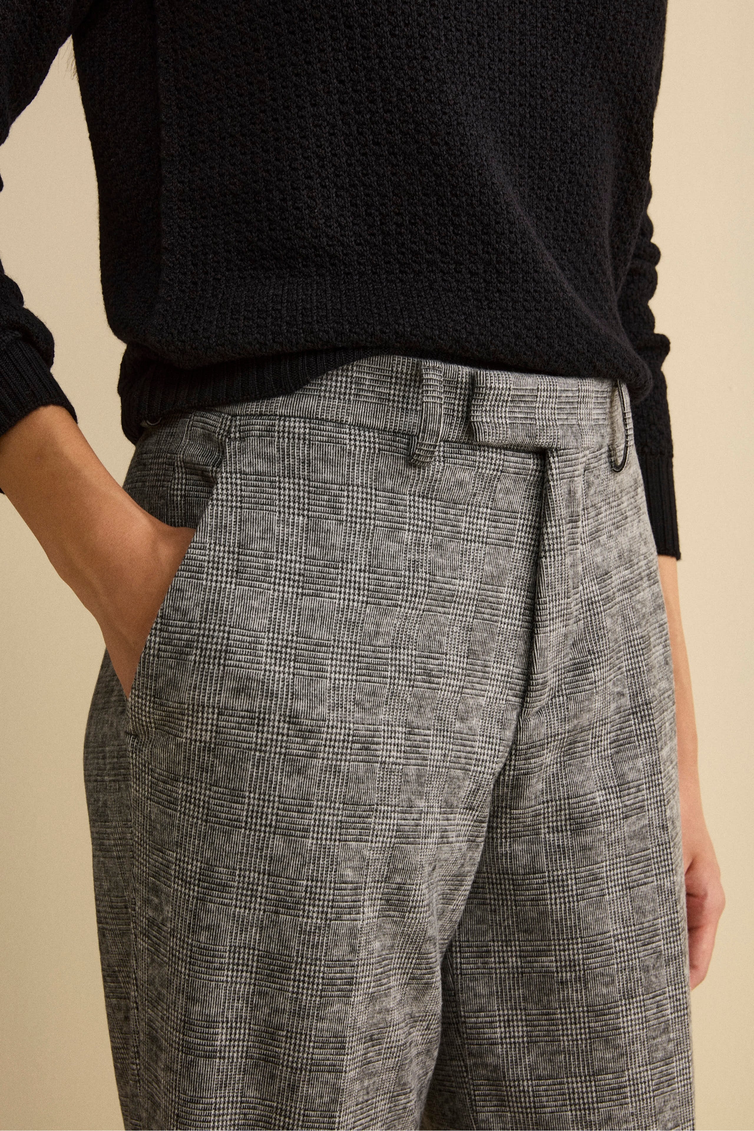 Checked Palazzo Trousers with Pleats - Grey check
