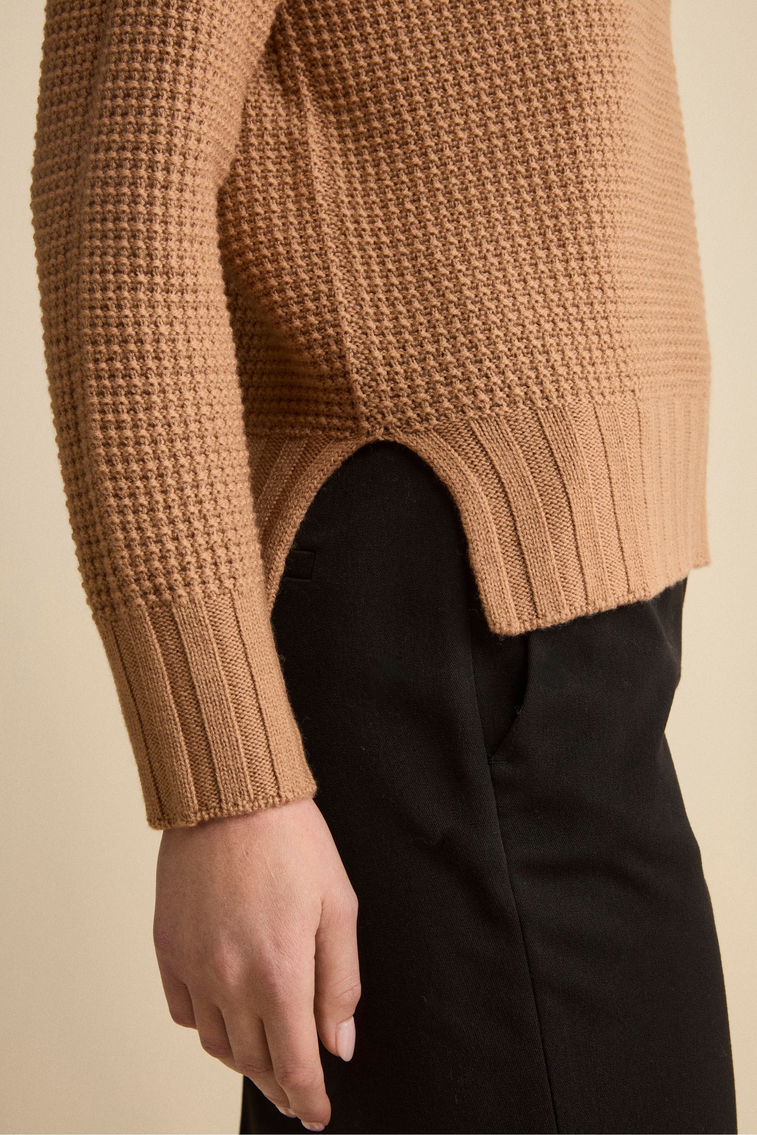 Soft Textured Merino Wool Turtleneck - Camel
