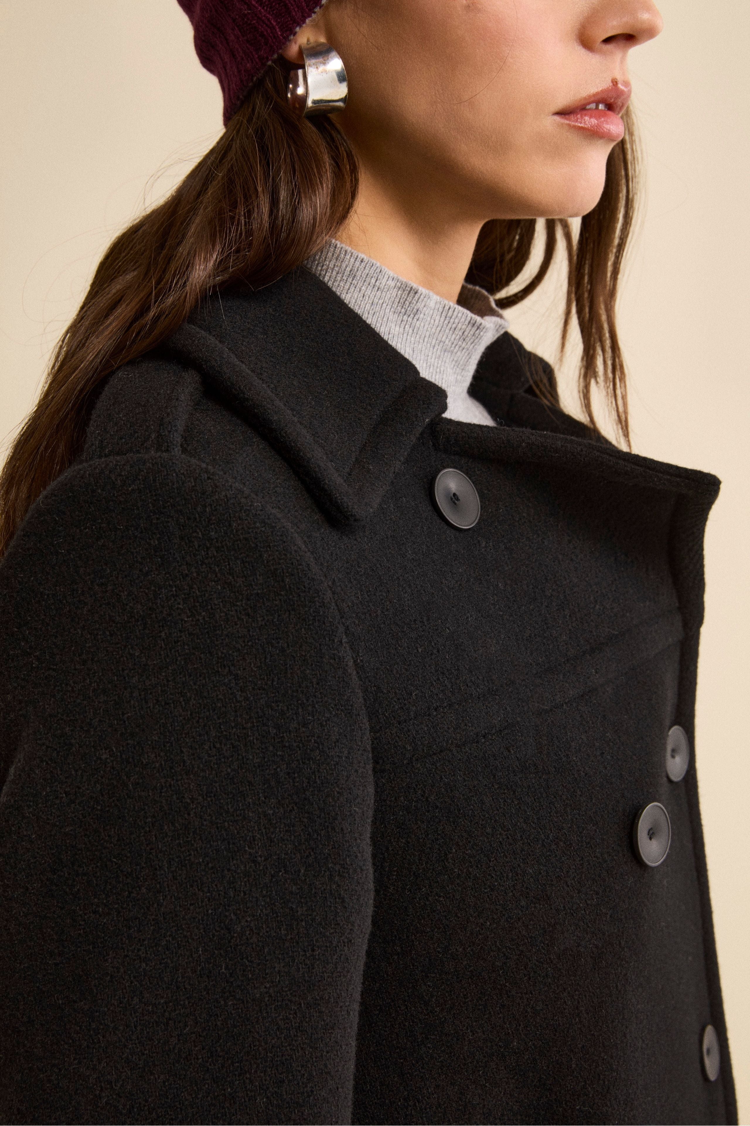 Midi Double-Breasted Virgin Wool Coat with Martingale - BLACK
