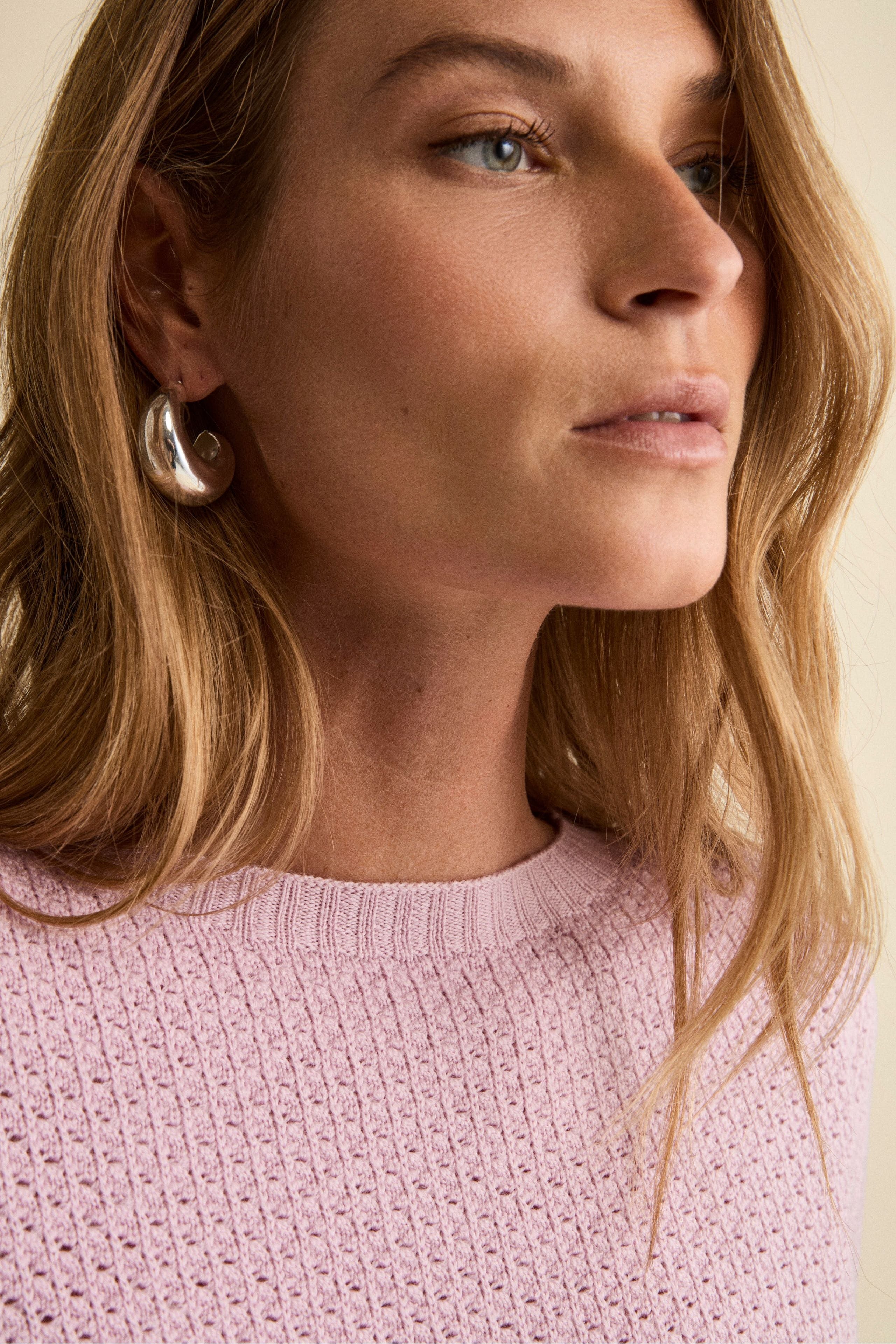 Openwork Merino Wool Crewneck Sweater - Pink