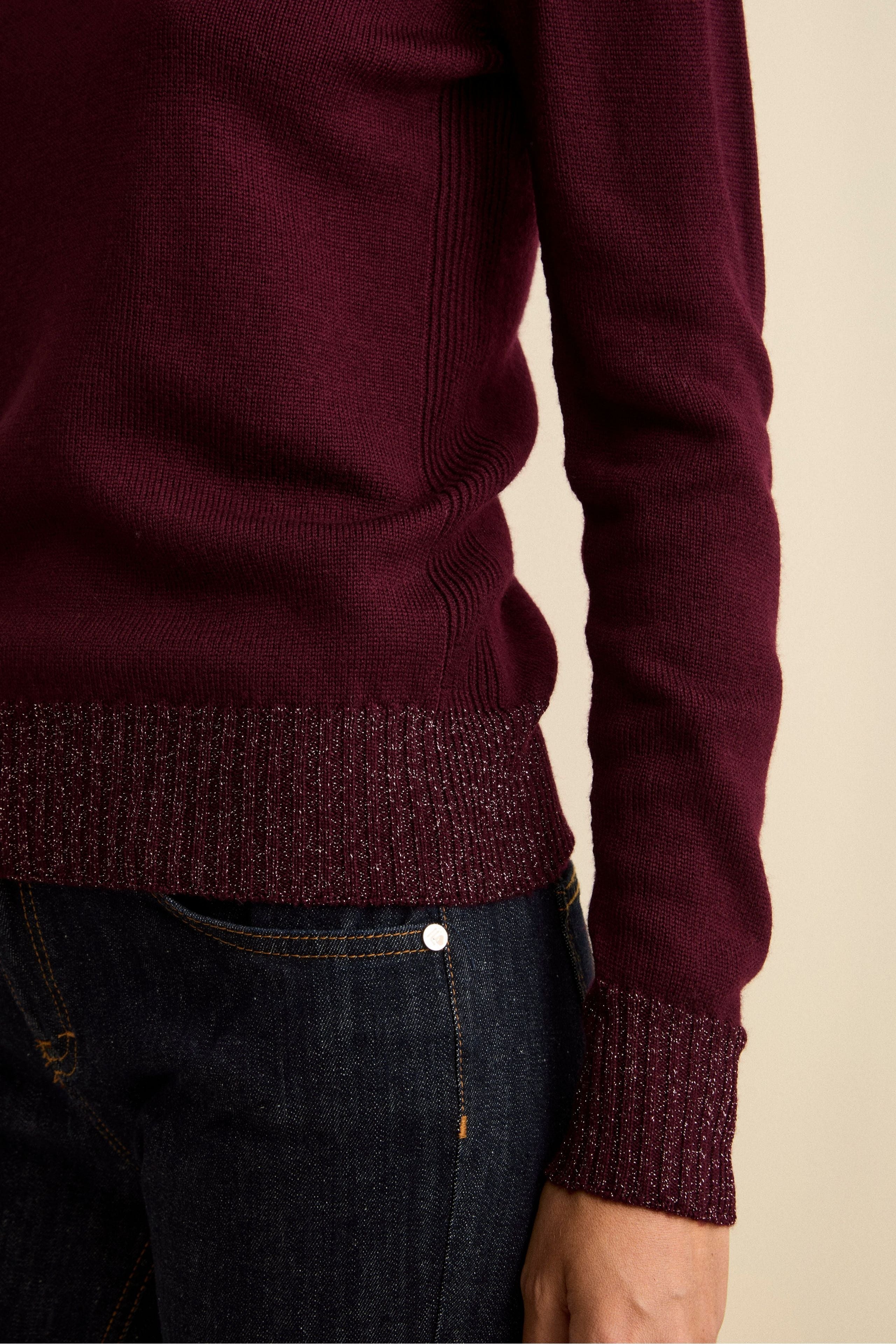 Merino Wool Mock Neck with Lurex Edges - BURGUNDY