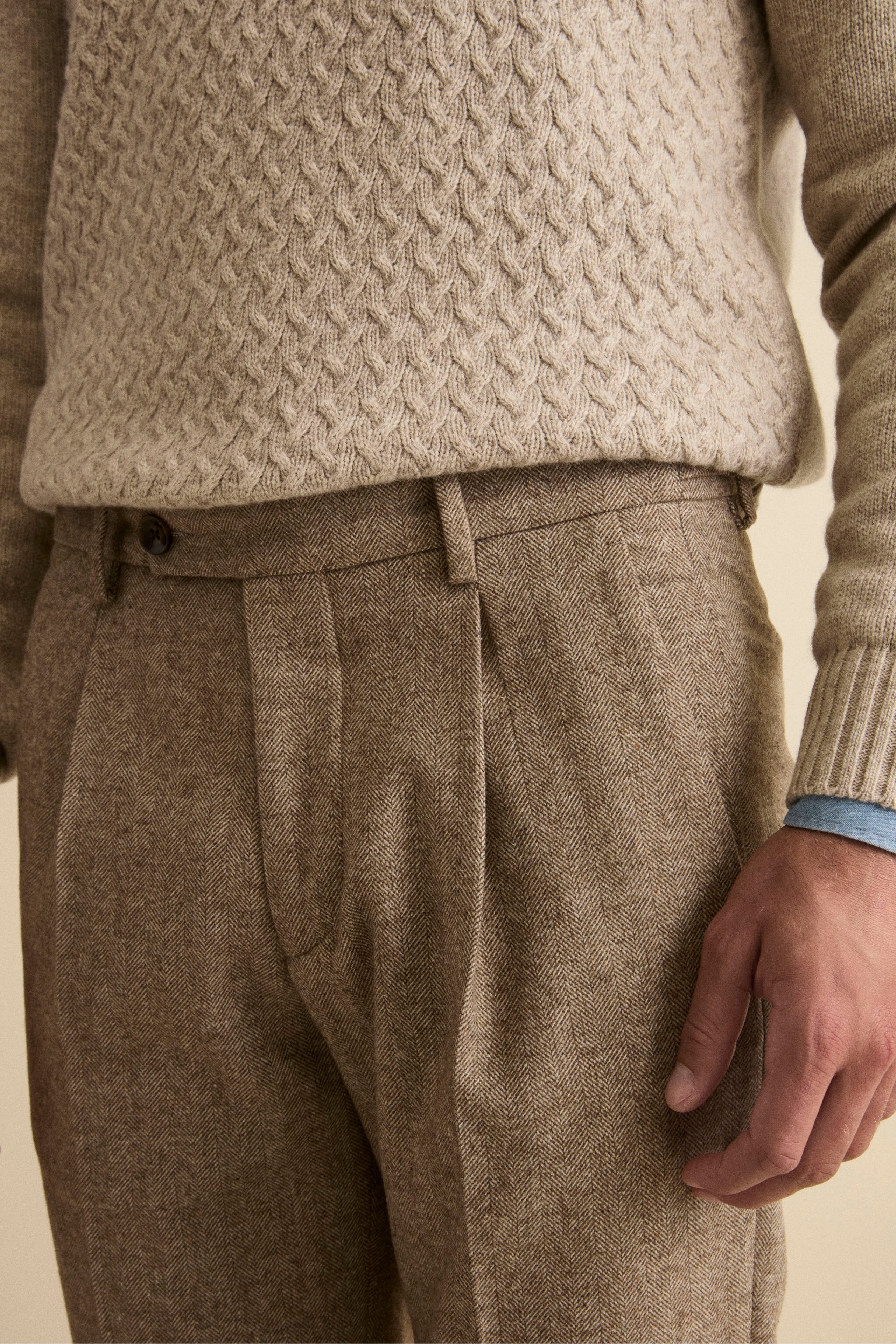 Herringbone Straight Trousers in Wool Blend with Cuff - Brown melange