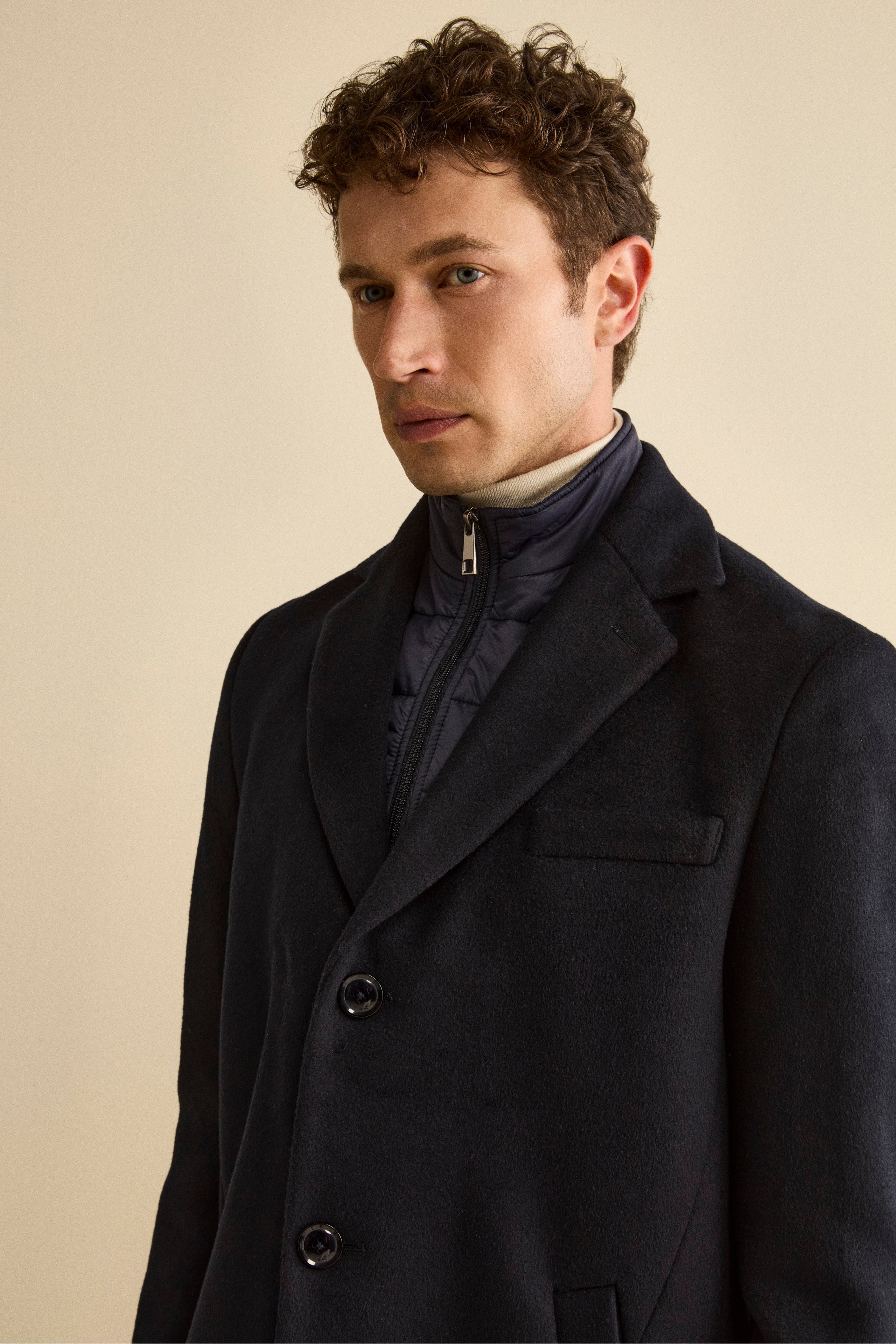 Wool-Blend Lined Coat with Bib - BLUE