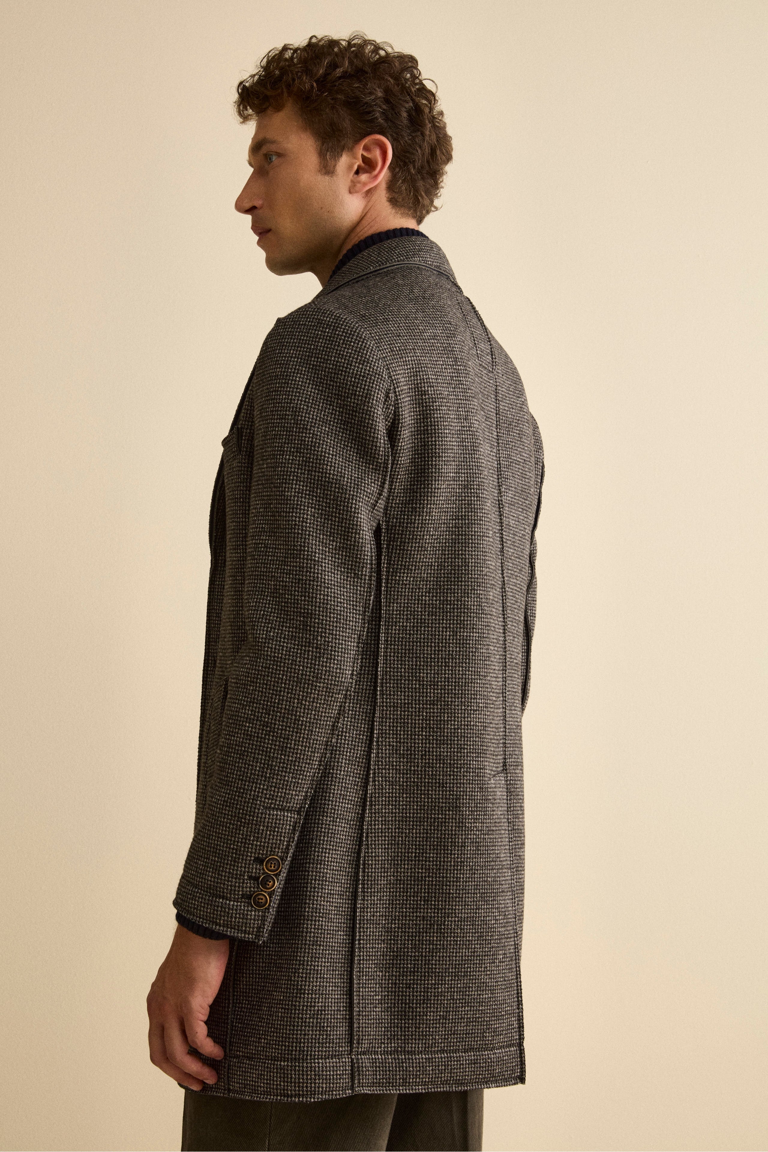 Raw-Cut Midi Patterned Coat - Grey-Black