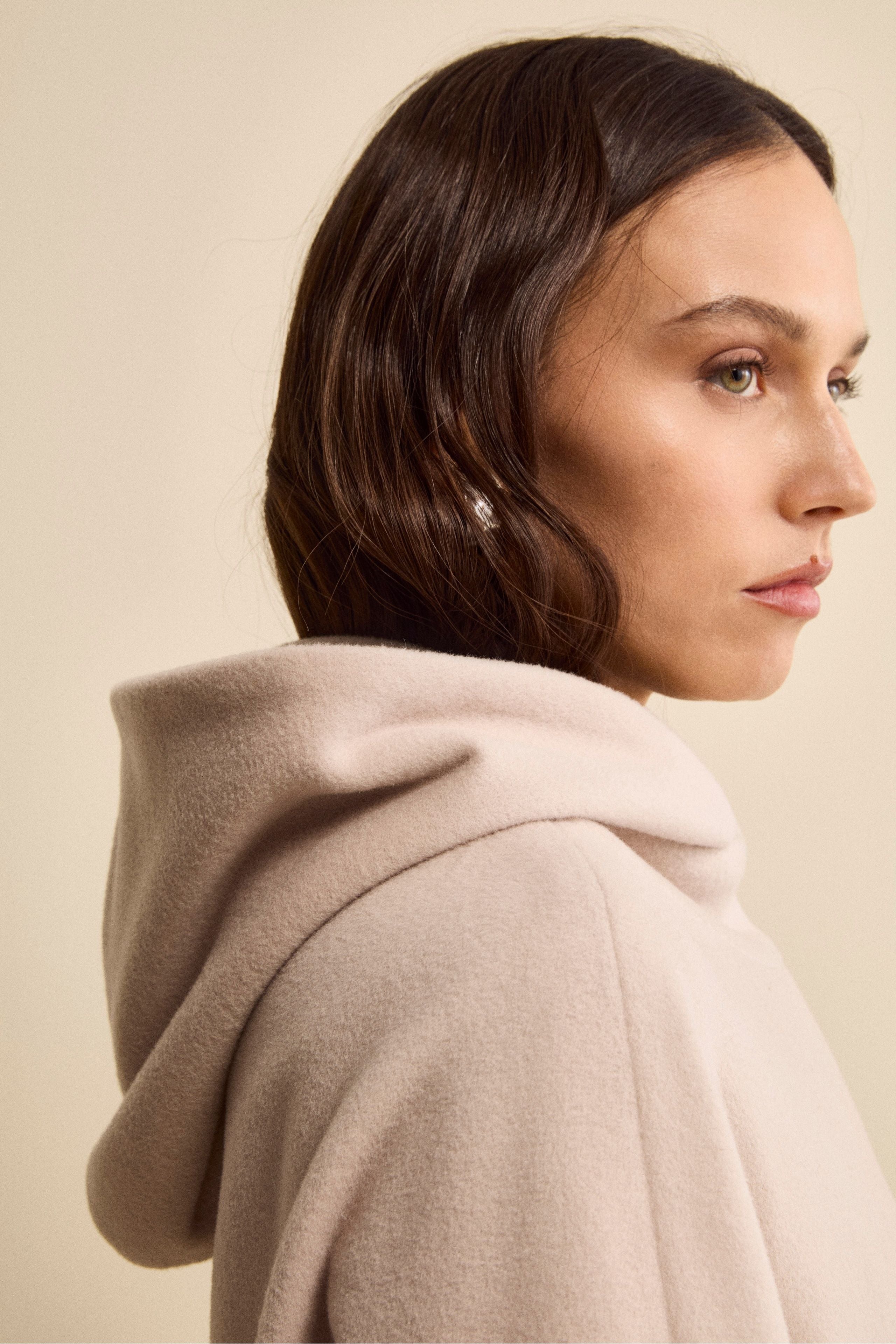 Wool and Cashmere Cape with Hood and Lining - ALMOND