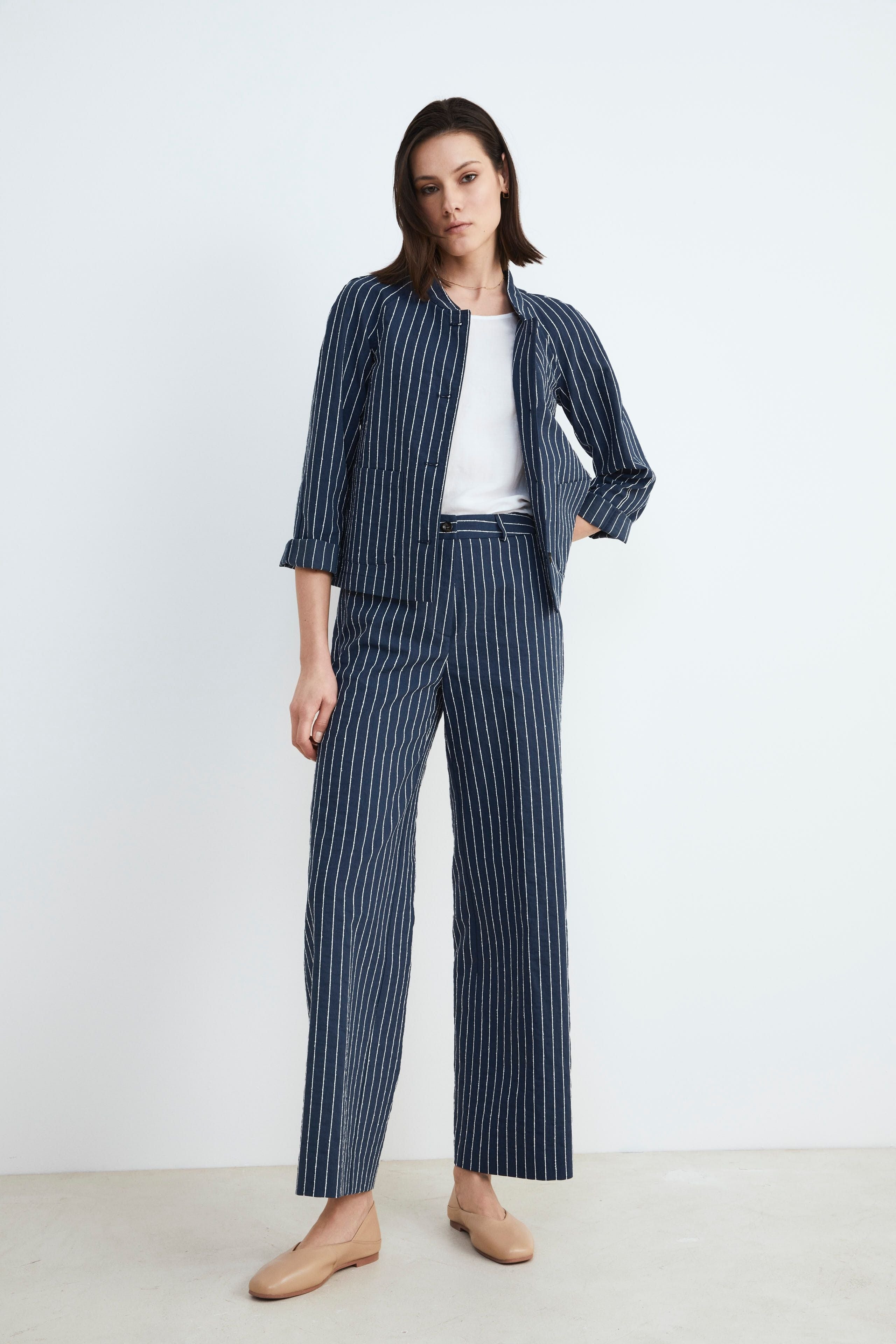 Pantaloni a palazzo gessati - RIGATO BLU/BEIGE