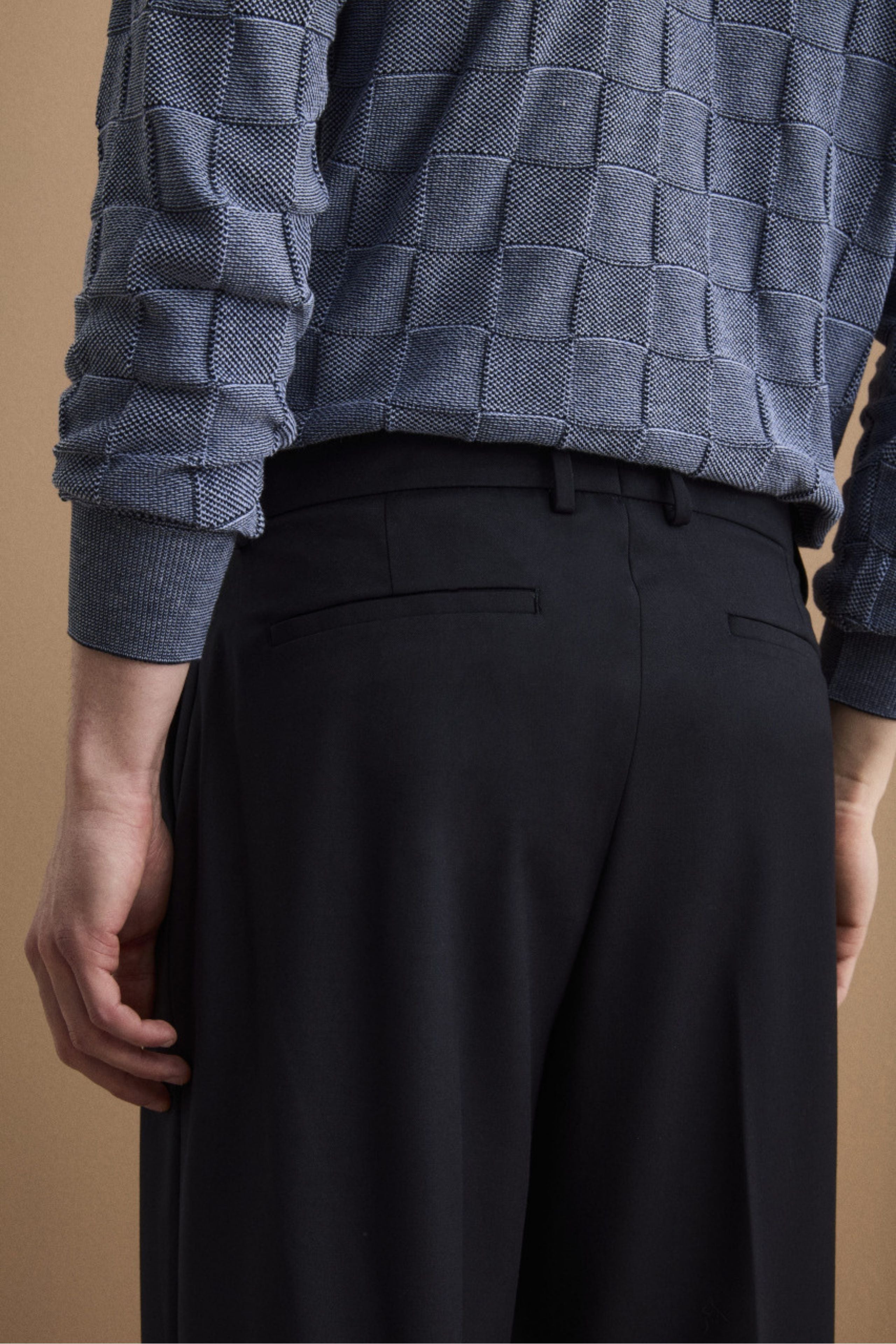 Pantalone Gamba Larga in Misto Lana con Piega - BLU SCURO