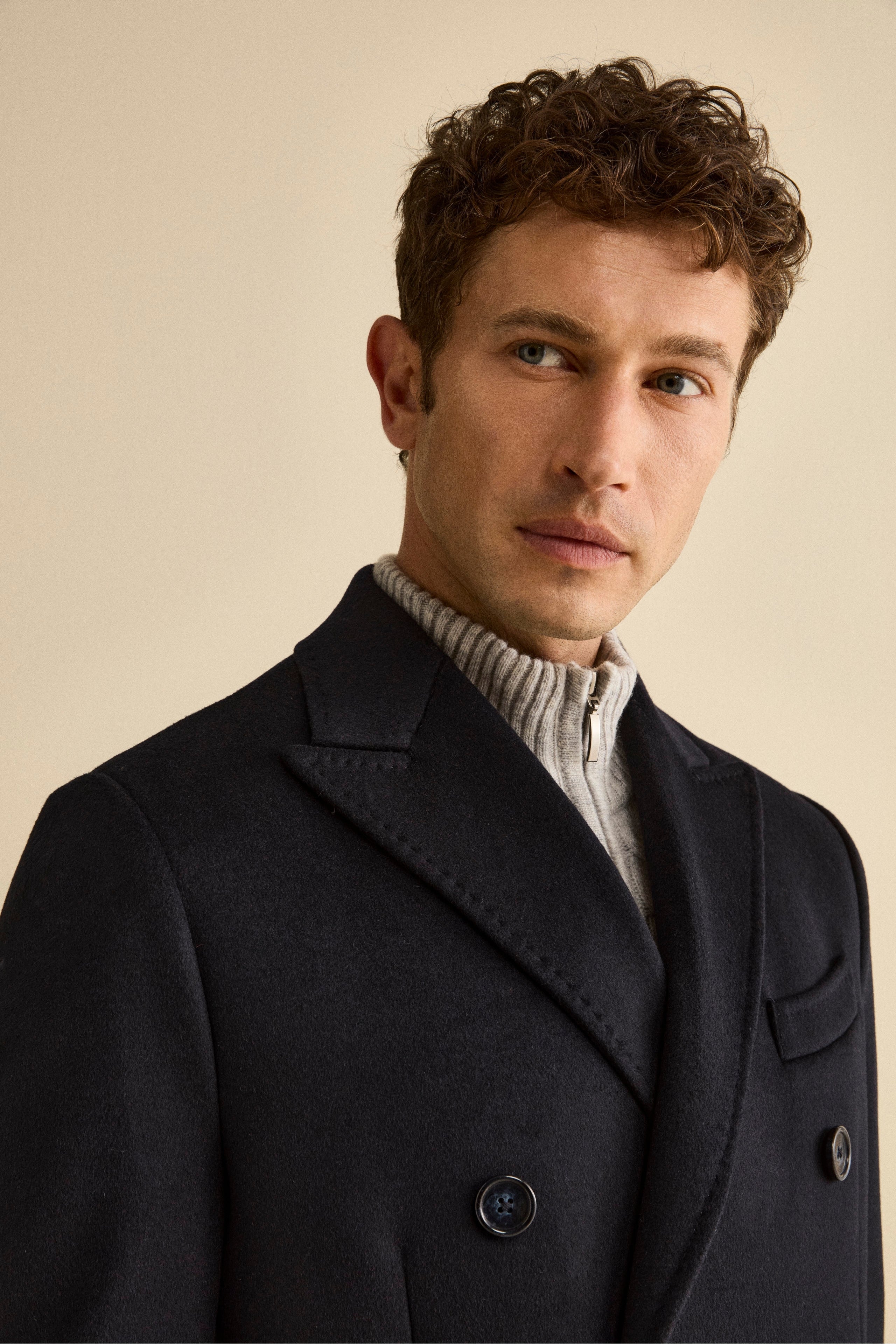 Midi Double-Breasted Coat in Wool and Cashmere Blend with Half-Belt - BLUE