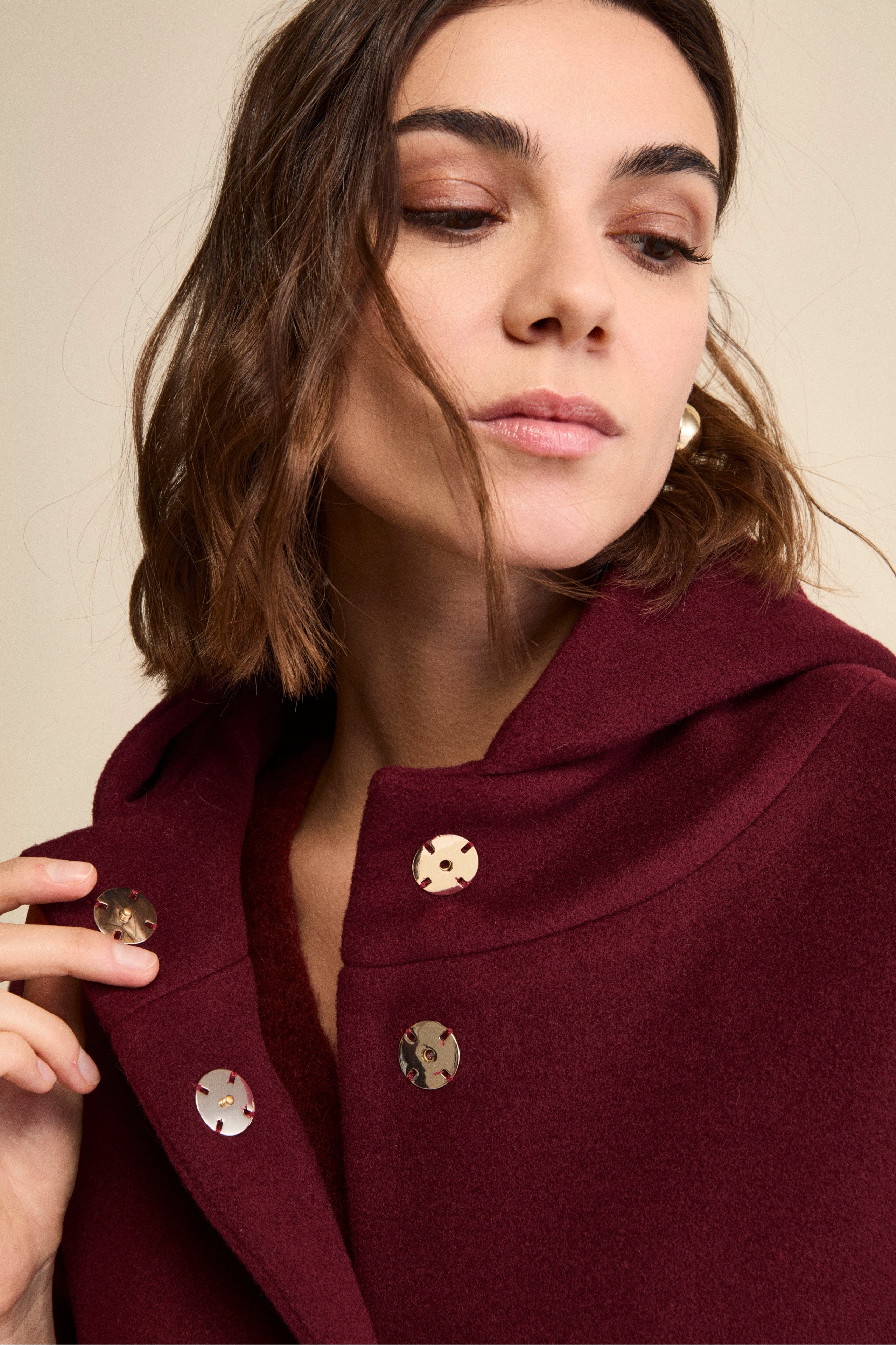 Wool and Cashmere Cape with Hood and Lining - Burgundy