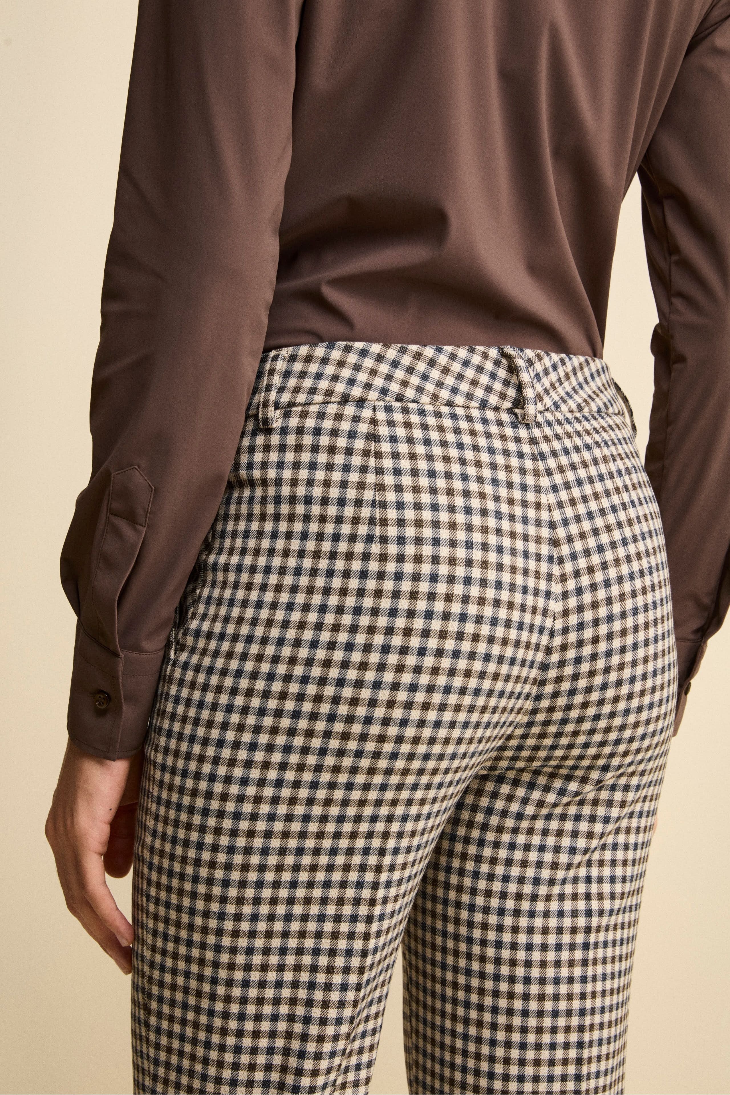 Slim-Fit Cigarette Trousers with Turn-Up Hem - Beige check