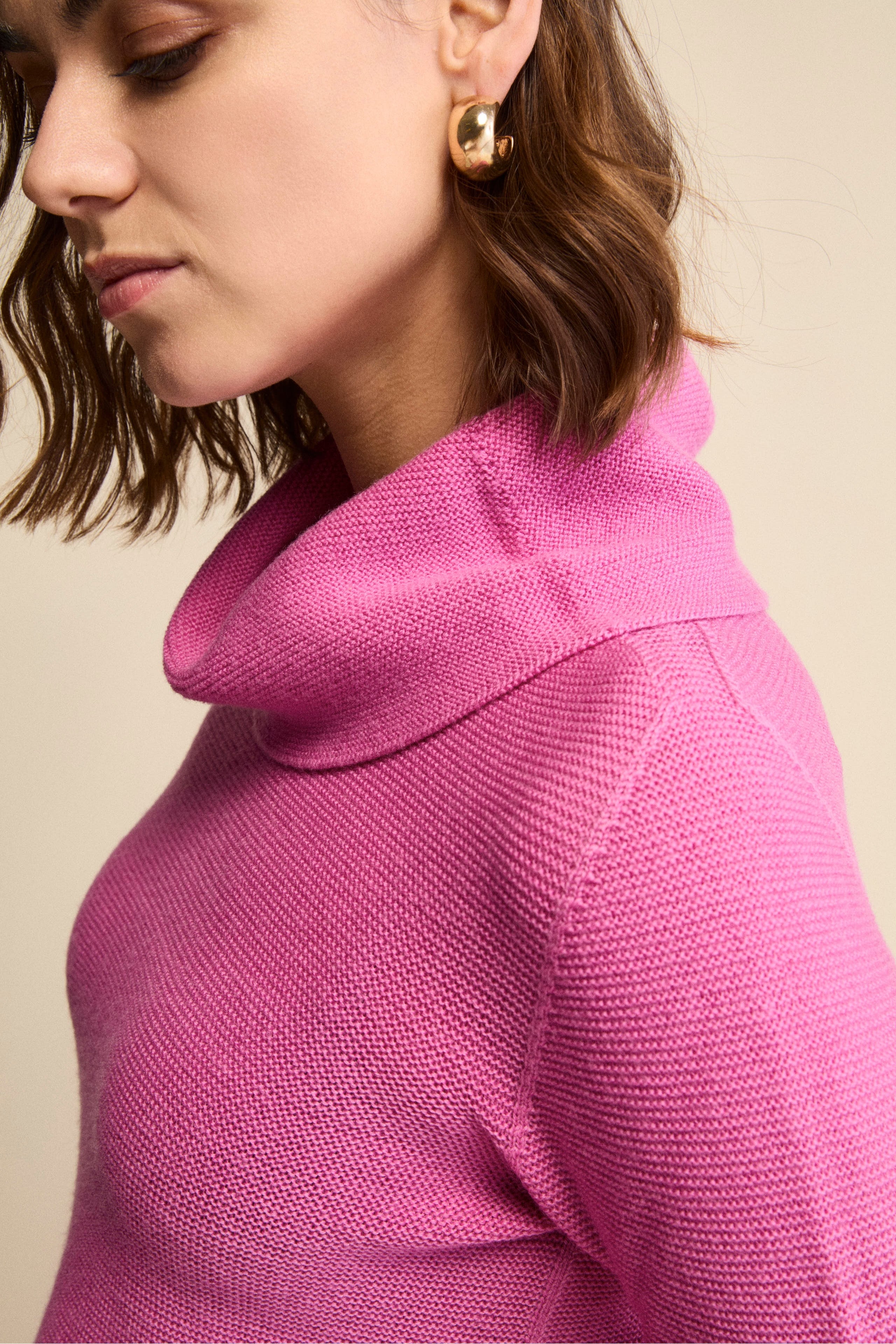Sweater with Side Slits in Merino Wool - Fuchsia