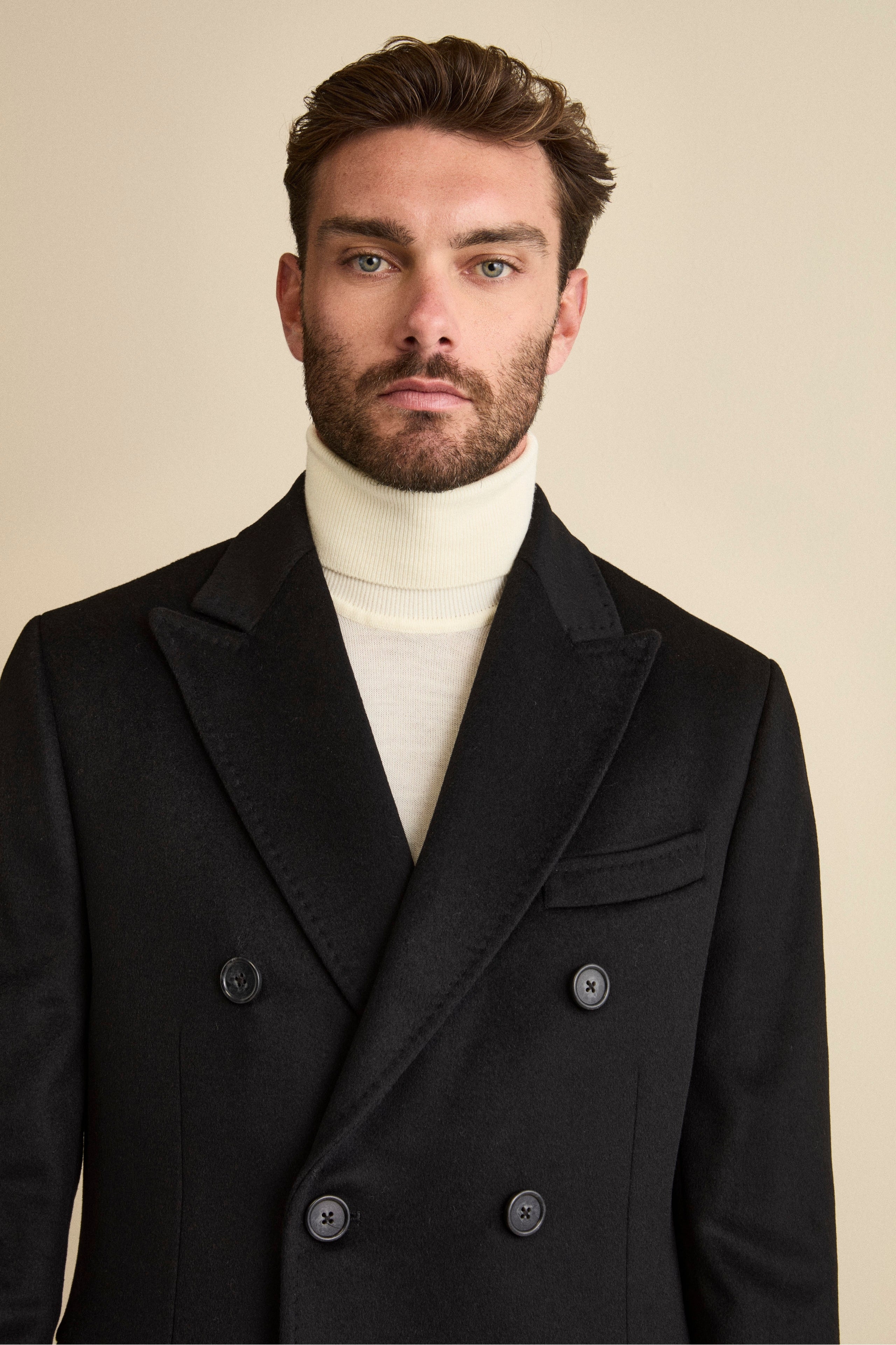 Midi Double-Breasted Coat in Wool and Cashmere Blend with Half-Belt - BLACK