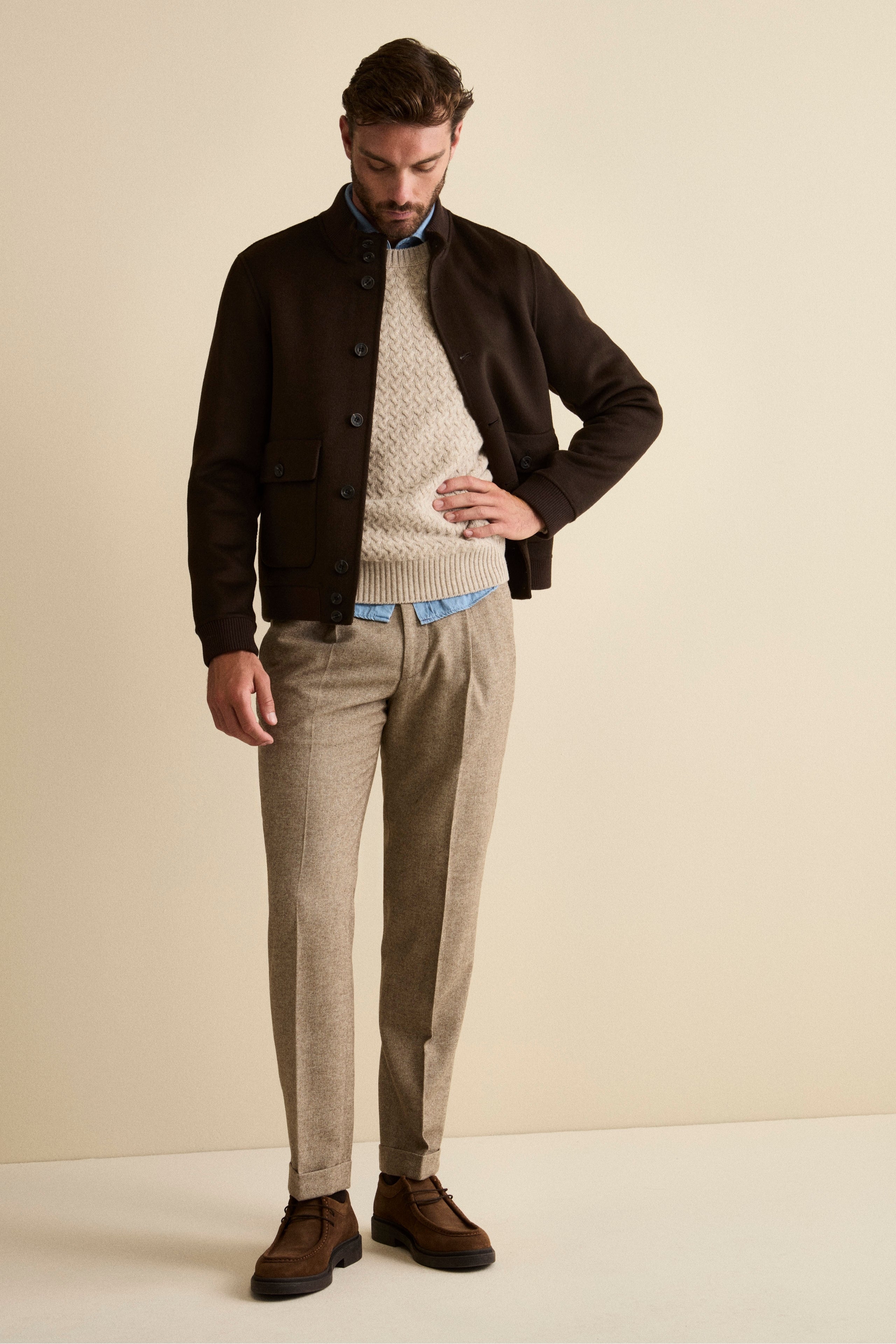 Herringbone Straight Trousers in Wool Blend with Cuff - Brown melange
