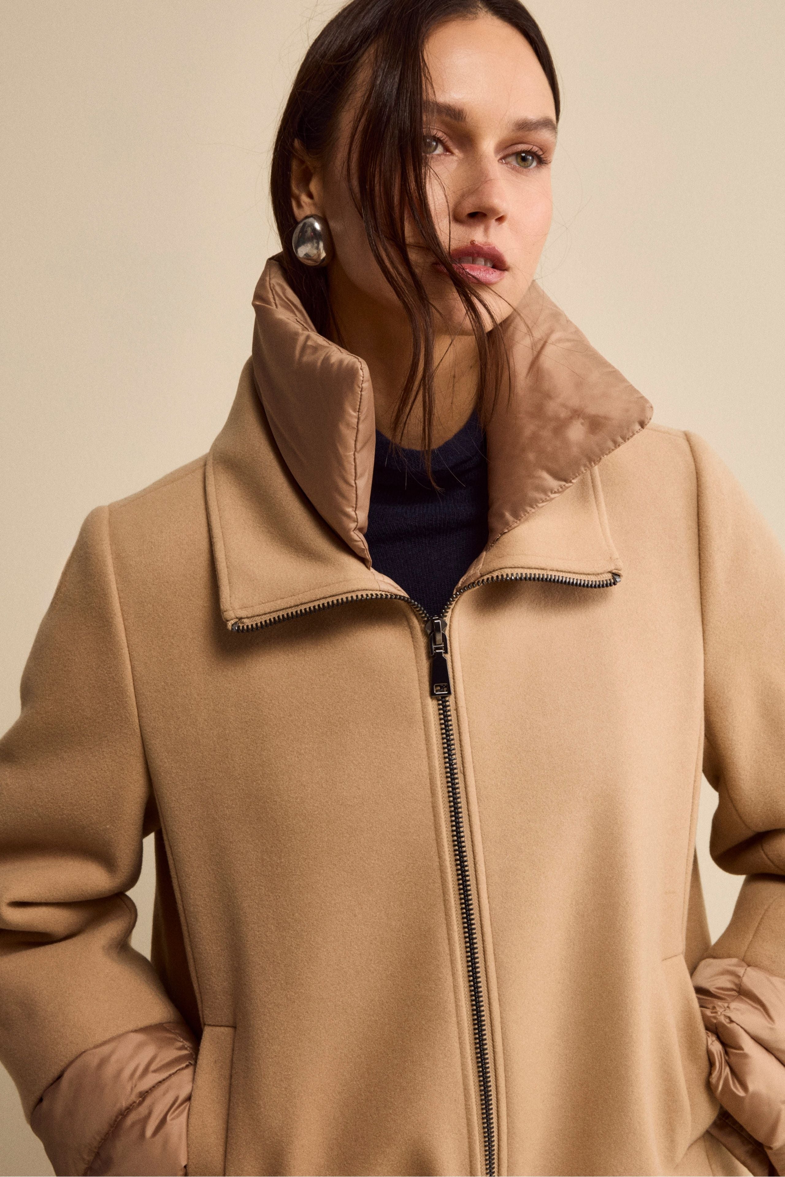 Quilted Flared Jacket with Zip - Camel