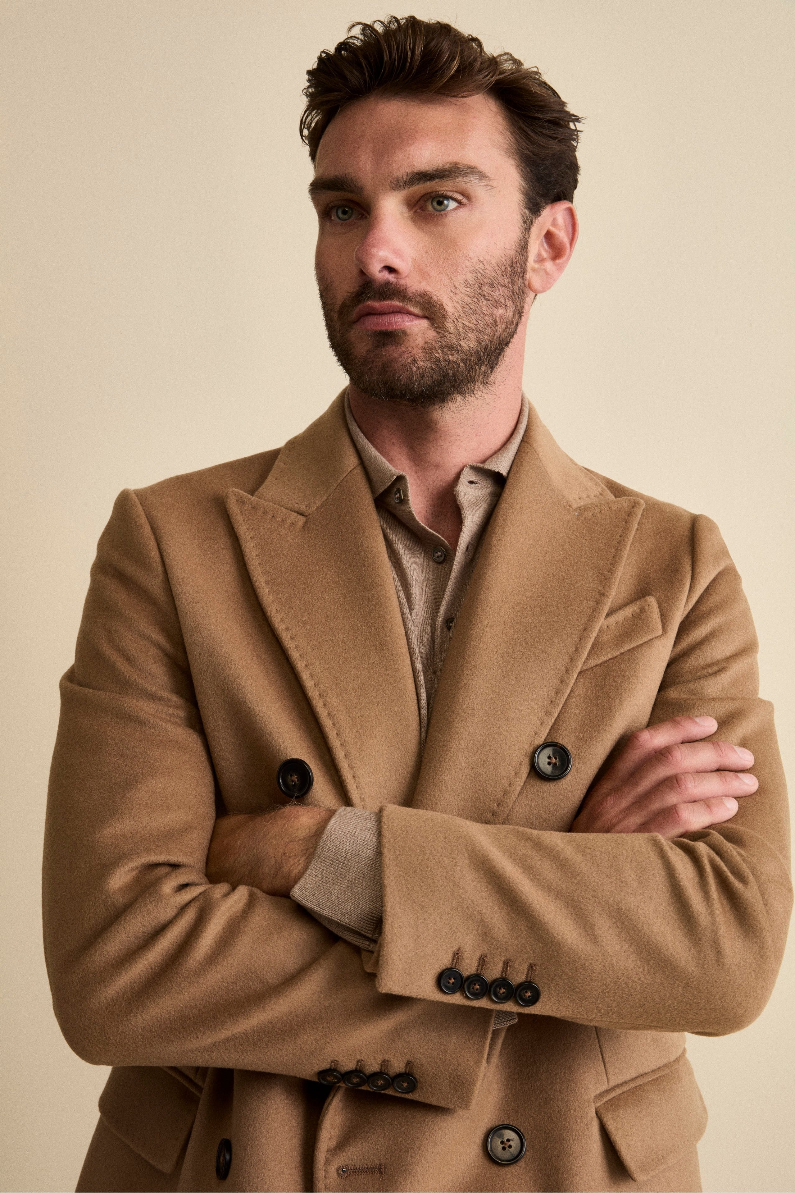 Midi Double-Breasted Coat in Wool and Cashmere Blend with Half-Belt - Camel