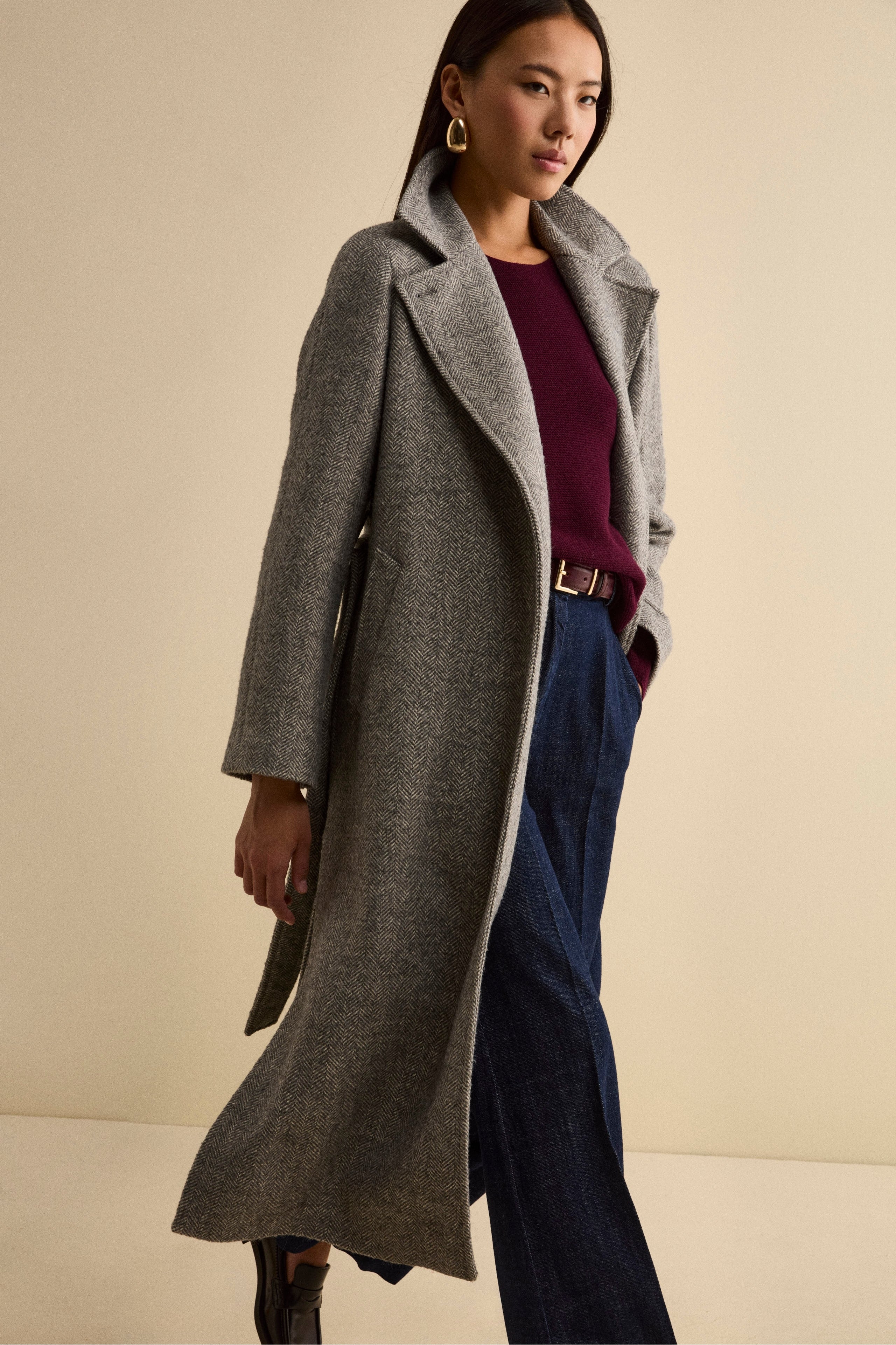 Wrap Coat with Belt in Wool Blend - Grey herringbone