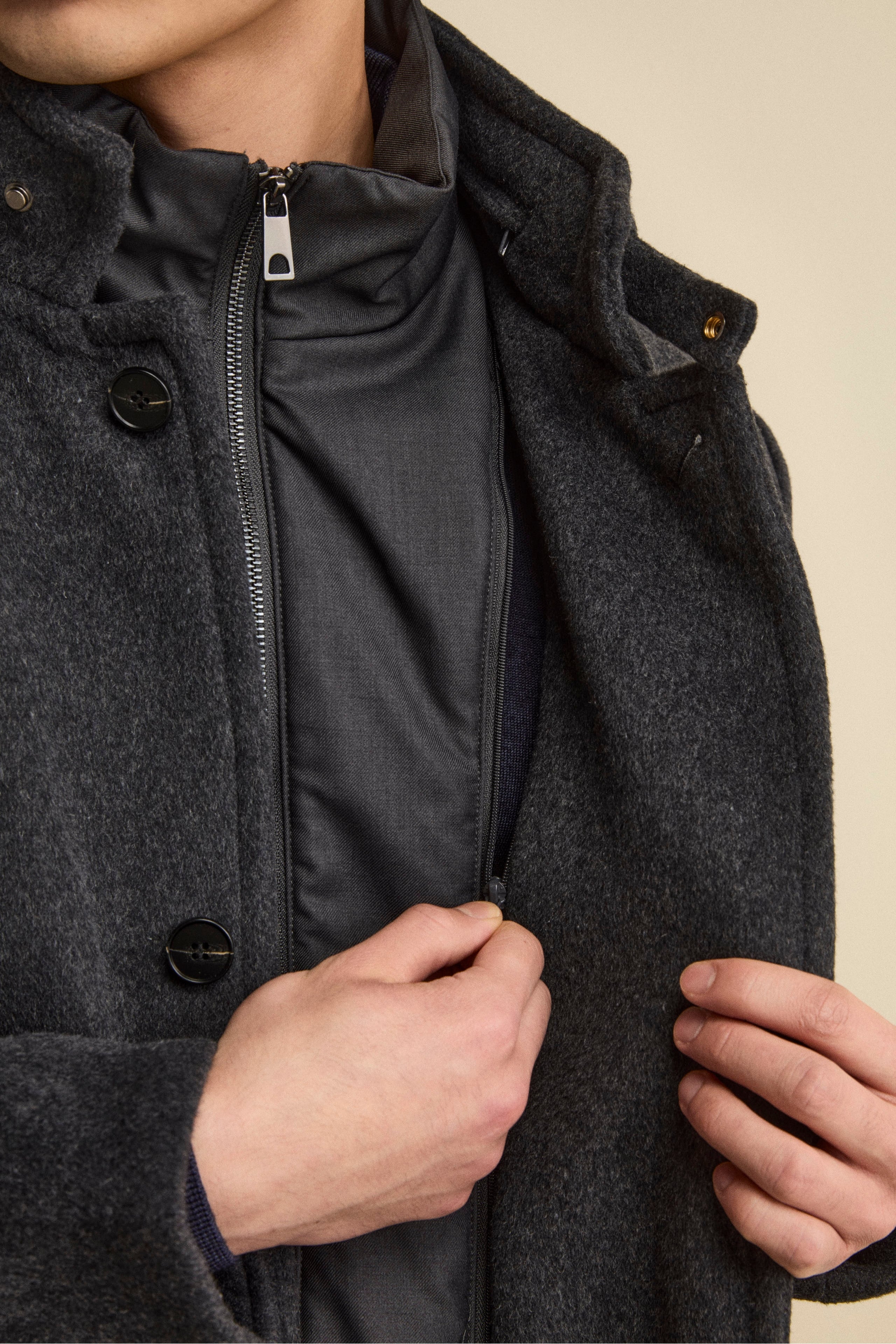 Midi Coat in Wool Blend with Removable Zip-Out Bib - Charcoal grey