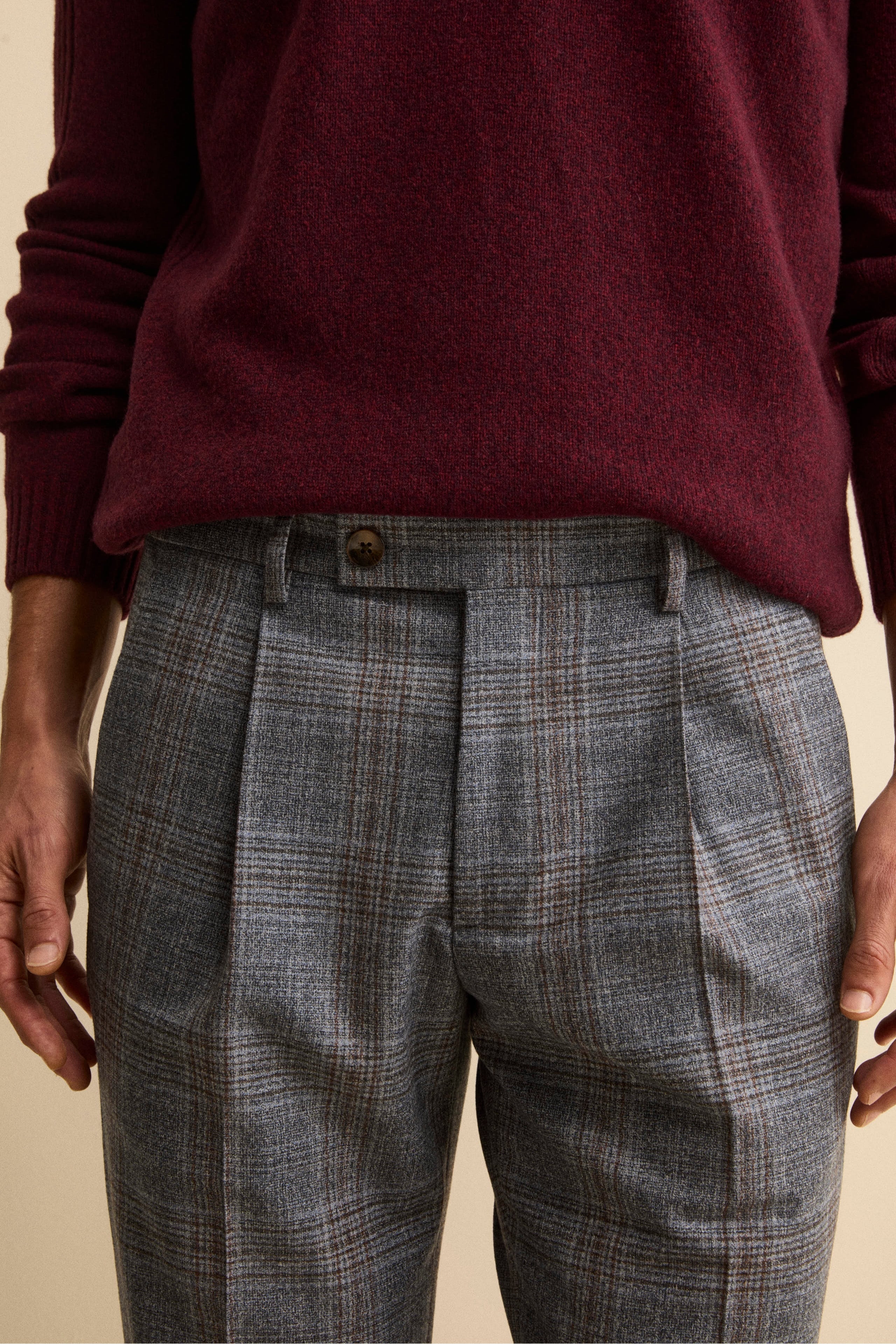 Wool Prince of Wales Trousers with Pleats and Cuffs - Blue melange