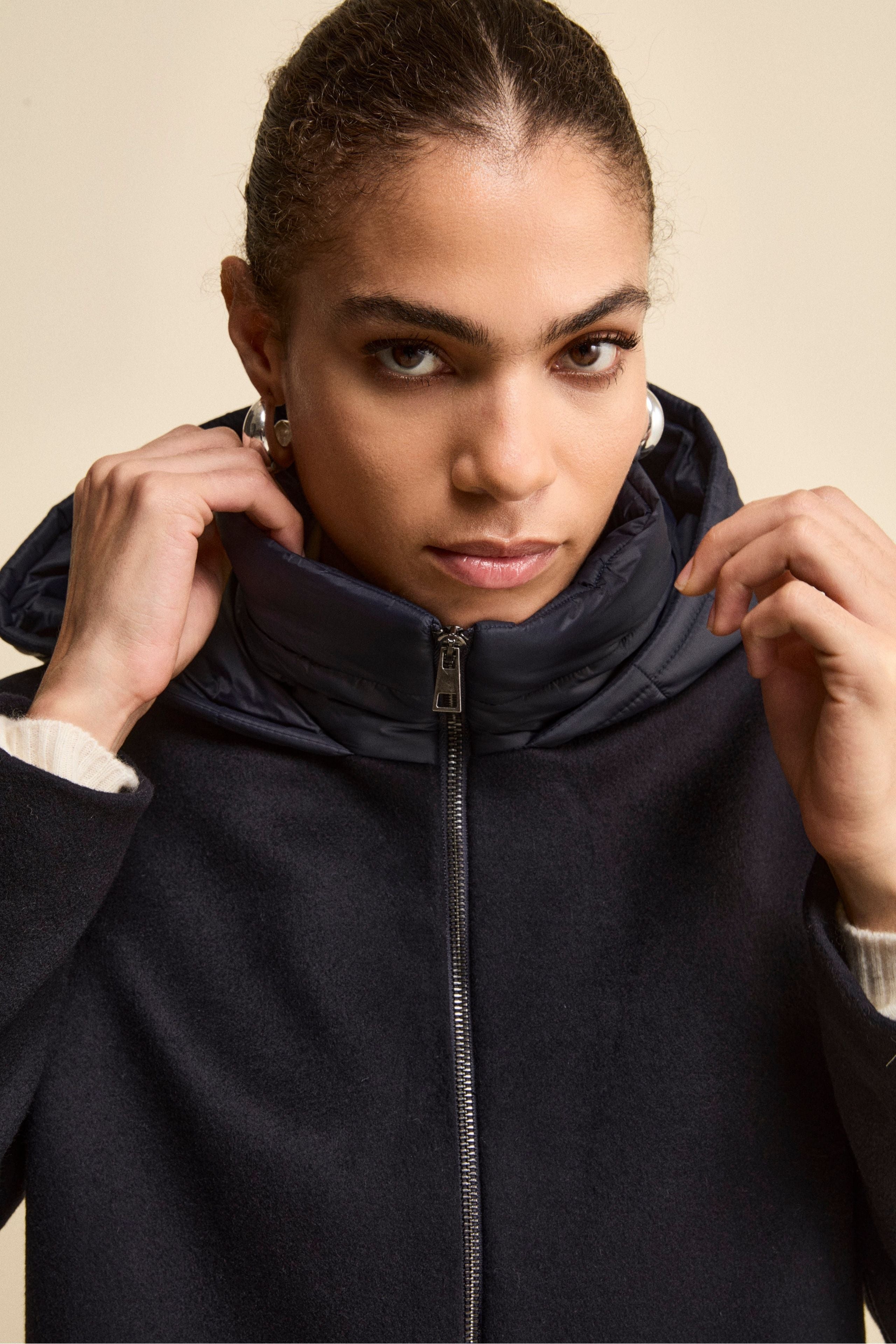 Midi Coat in Wool and Cashmere with Zip and Hood - BLUE