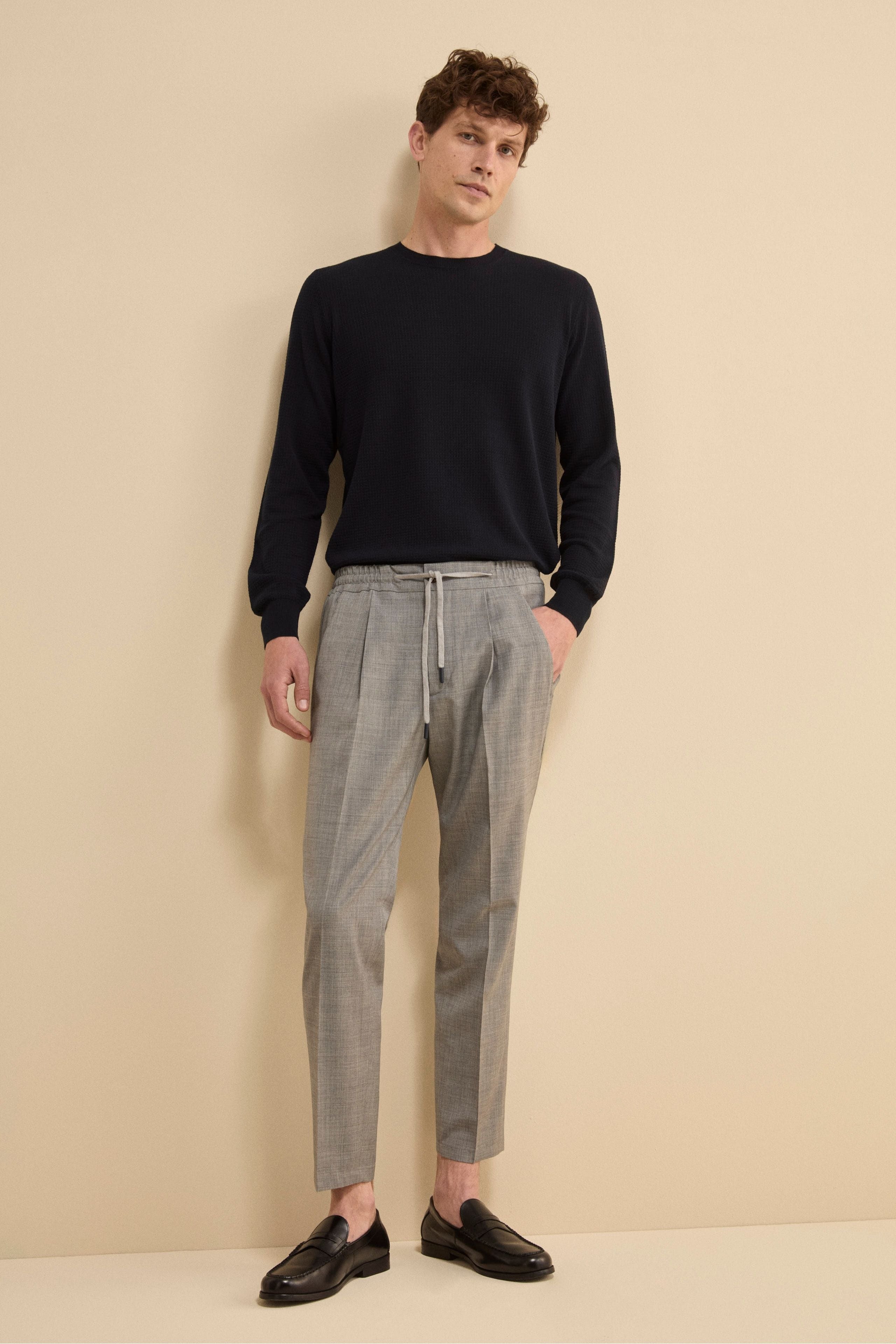 Pantalone Slim Fit con Coulisse in Misto Lana - GRIGIO CHIARO