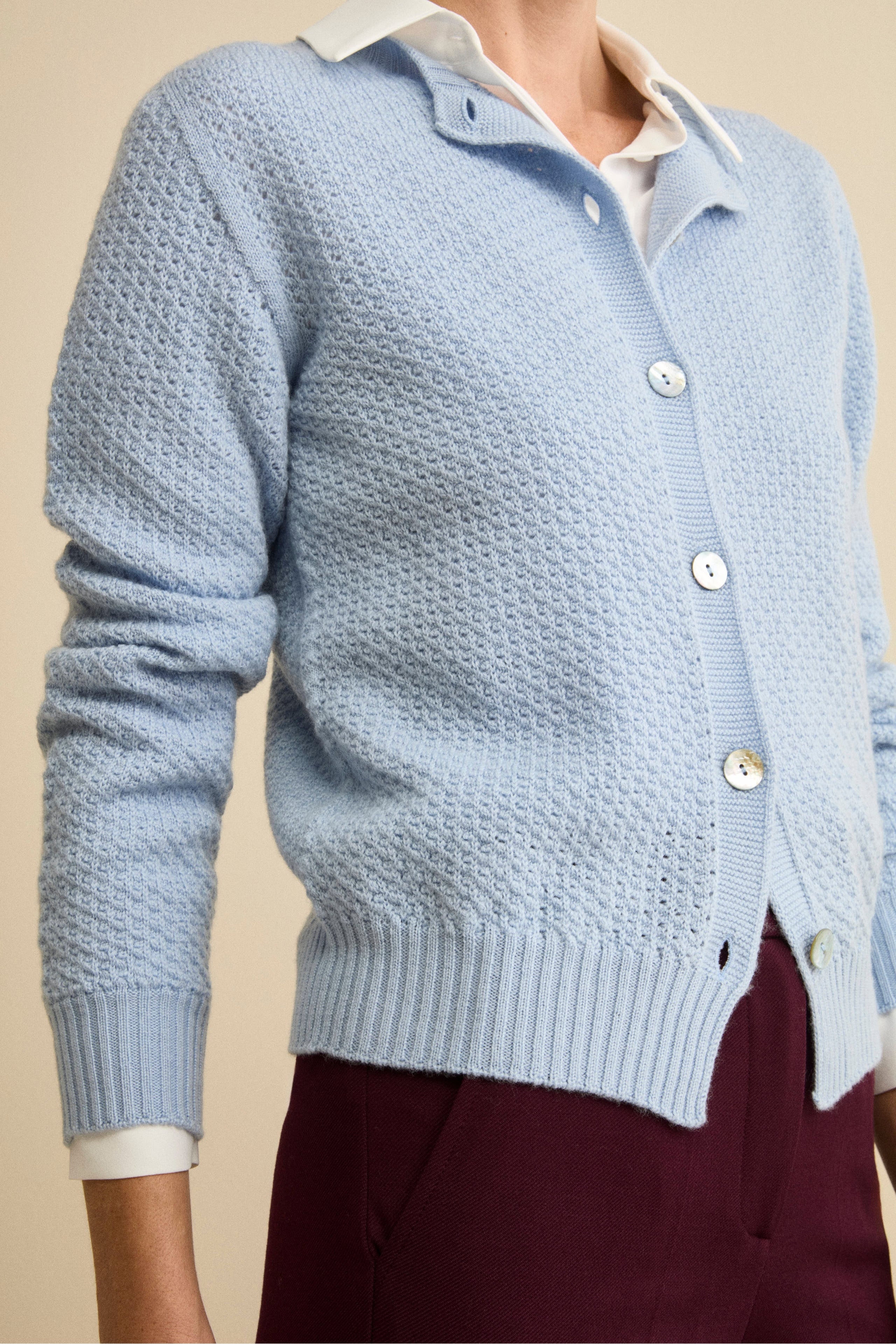 Openwork Merino Wool Cardigan with Mandarin Collar - Light blue