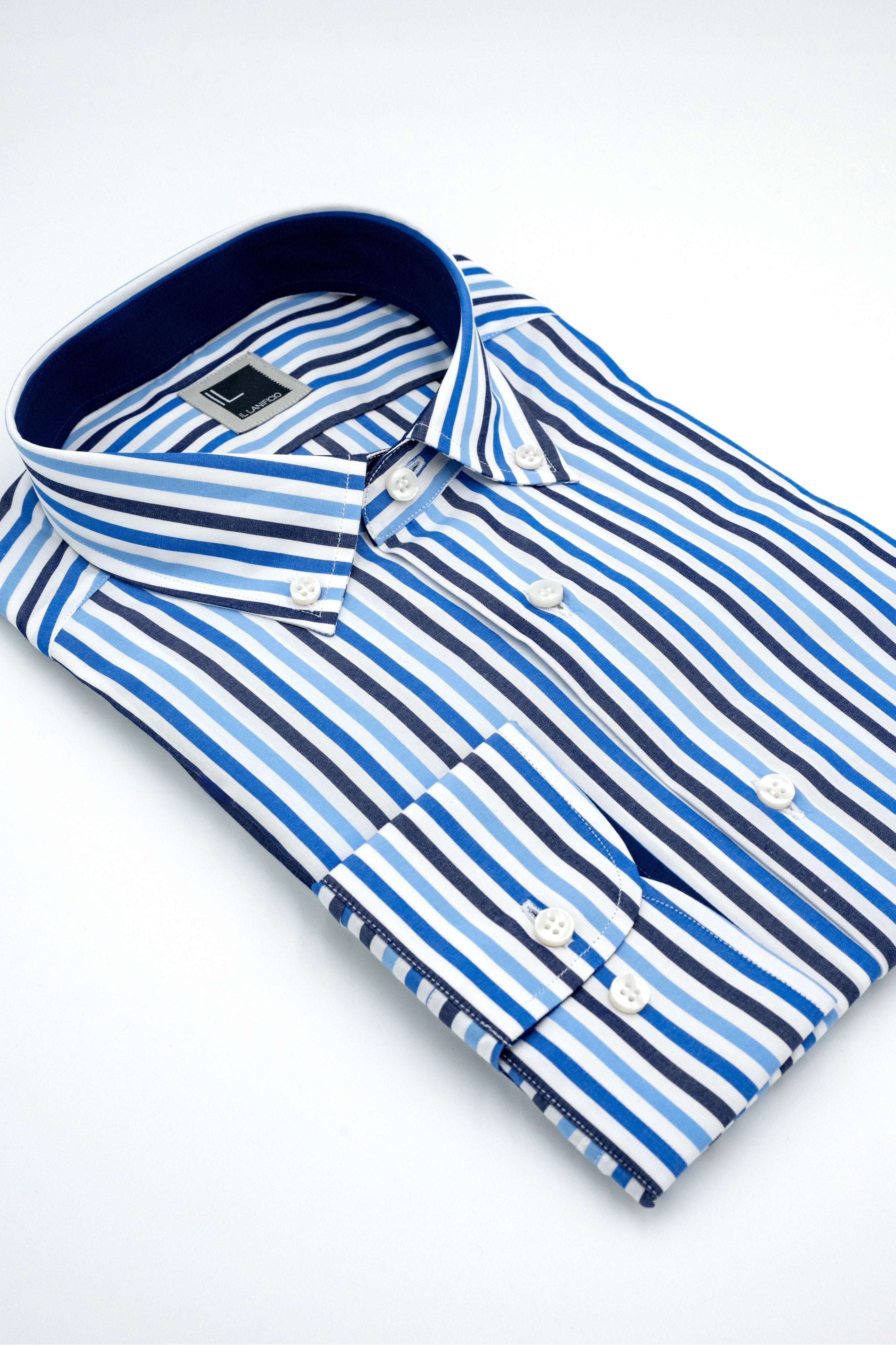 Camicia Slim Fit a Righe Button Down - RIGATO BLU/AZZURRO