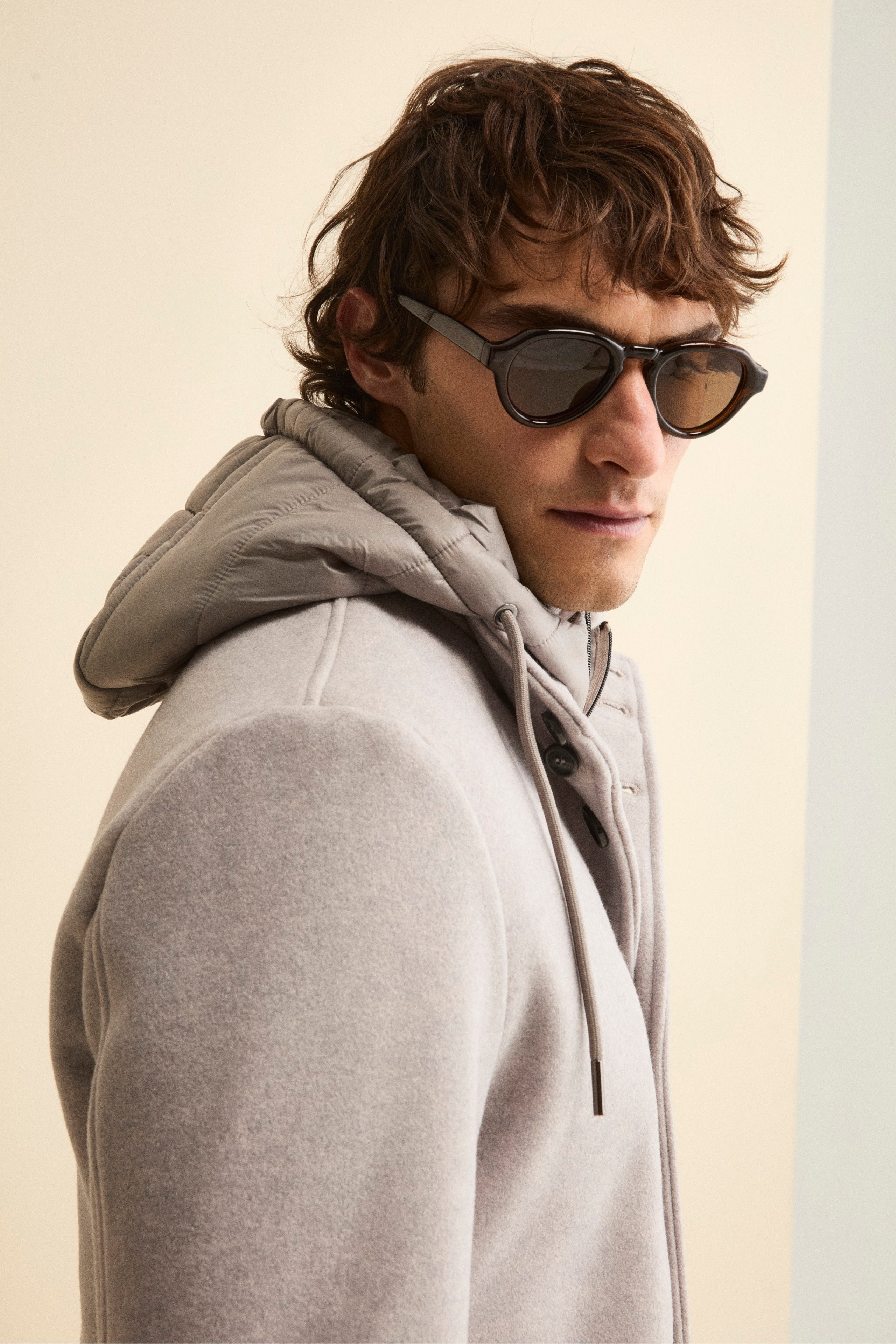 Wool Blend Coat with Removable Hood - Light grey