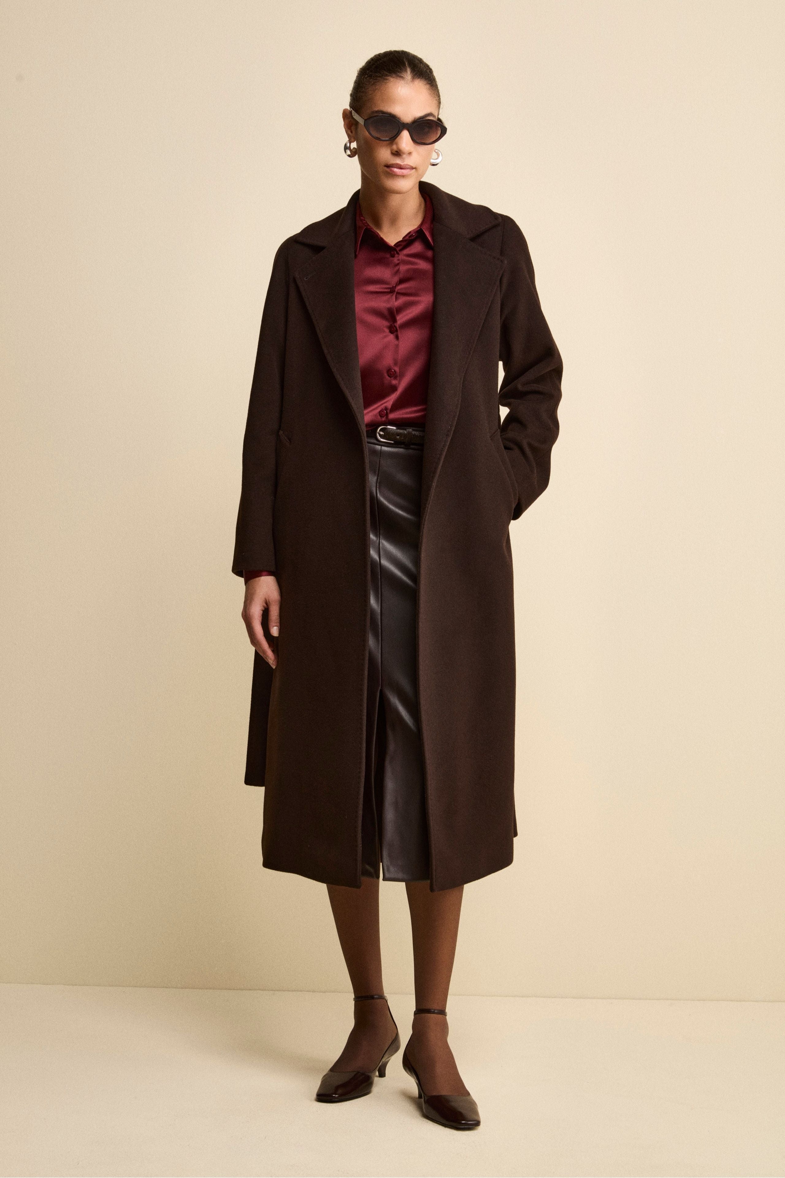 Long Faux-Leather Skirt with Slit - Dark brown