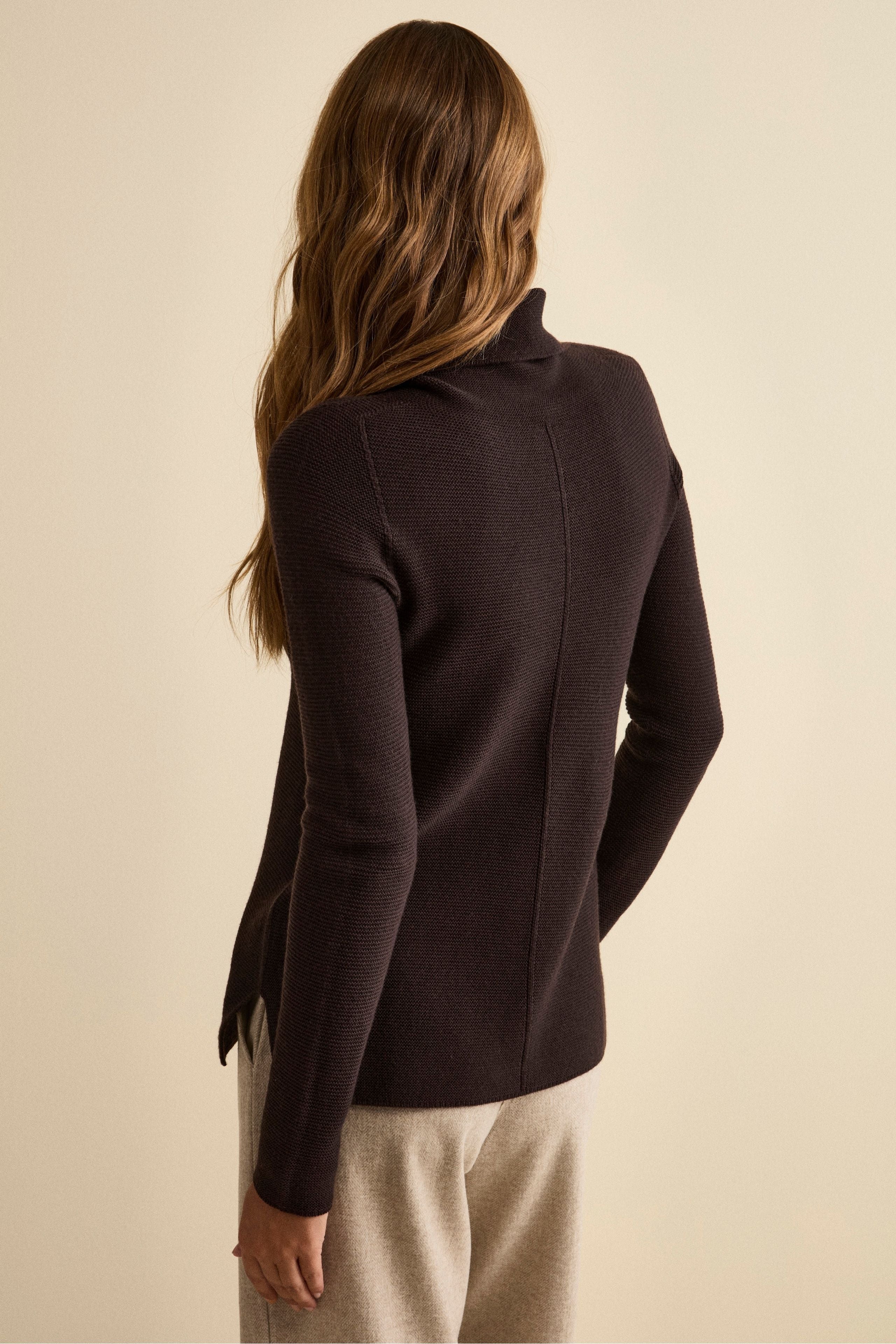 Sweater with Side Slits in Merino Wool - Dark brown