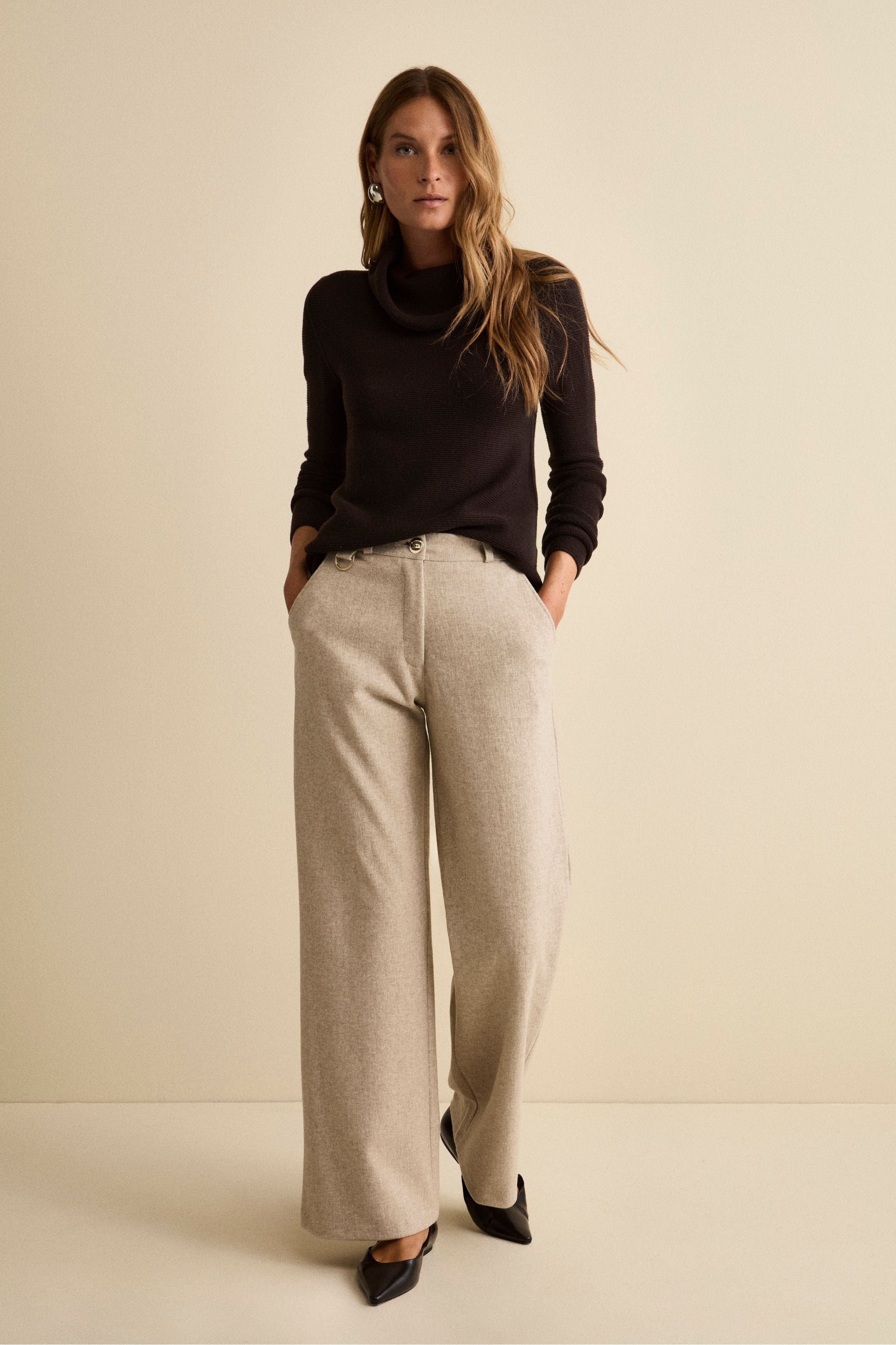 Pantalon Large à Motif Chevrons - Beige chevrons