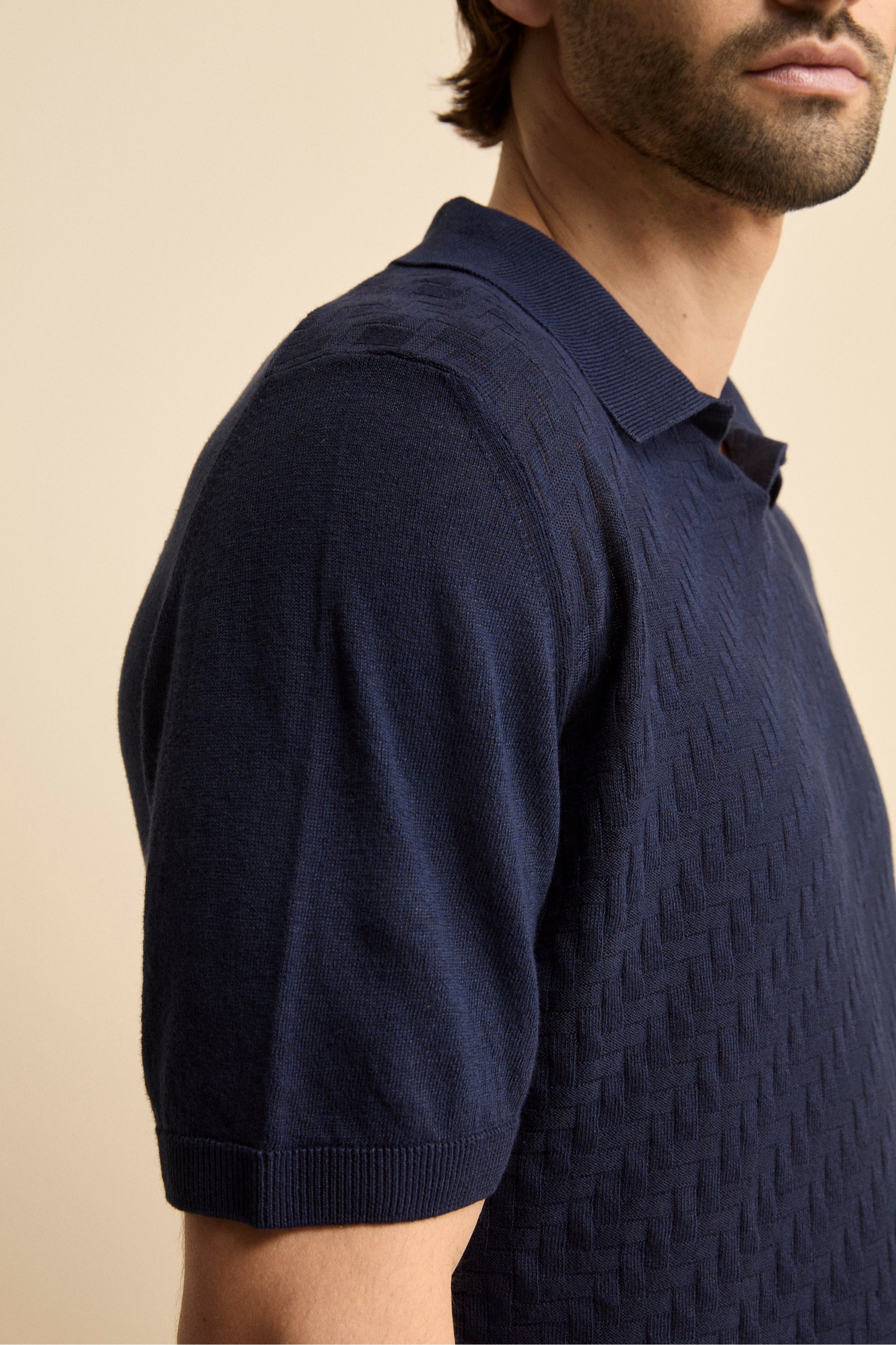 Polo Derby Mezza Manica in Misto Lino - NAVY