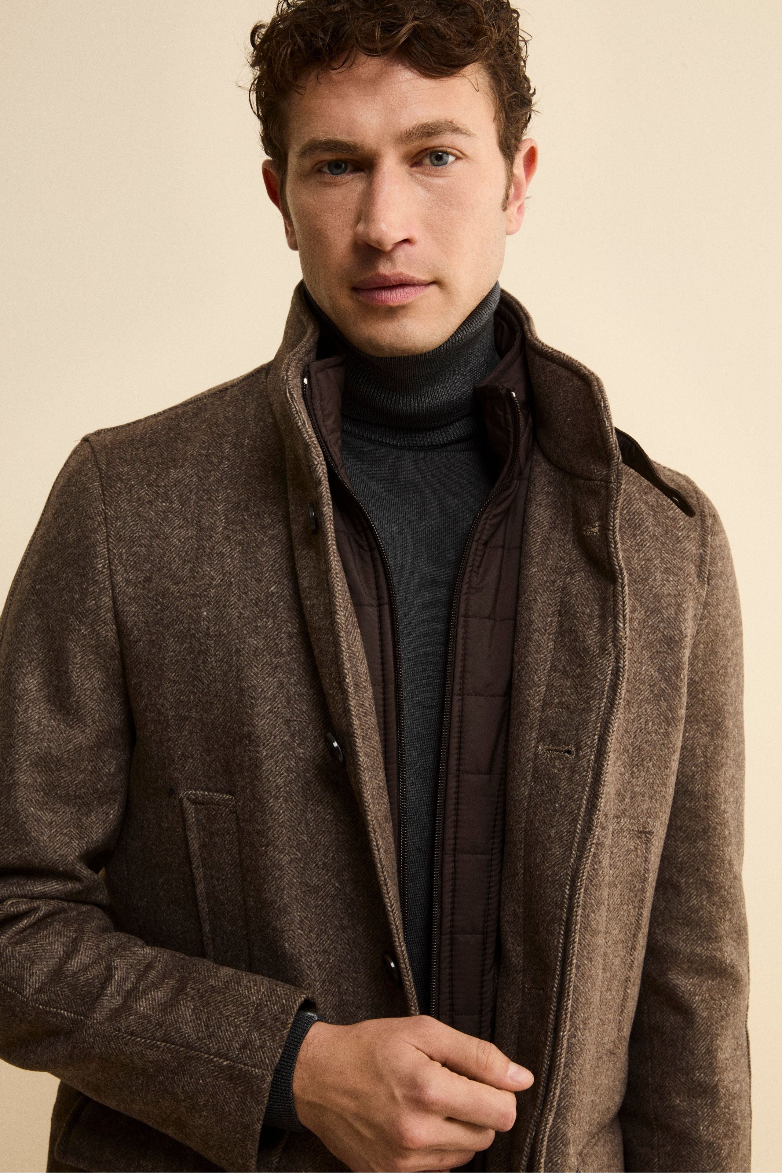 Herringbone Midi Coat in Wool and Cashmere Blend - BROWN MELANGE