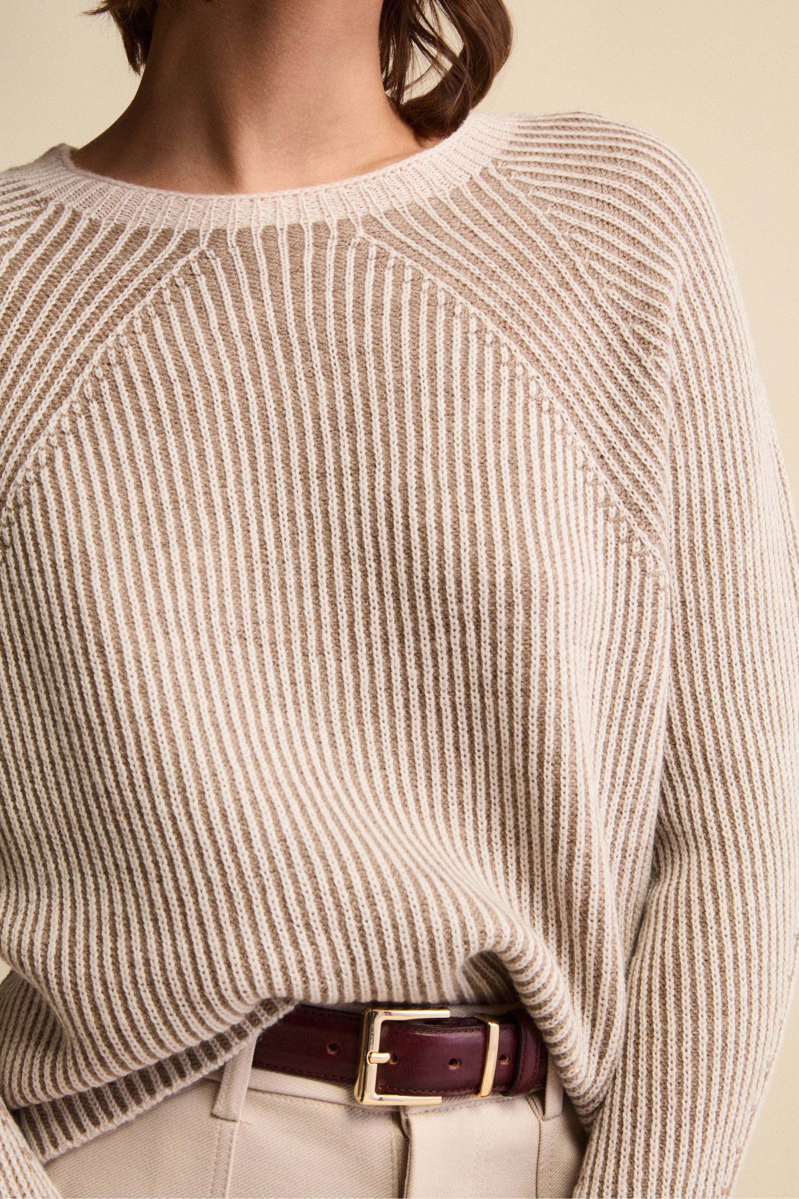 Patterned Merino Wool Sweater (English Rib) - Beige pattern