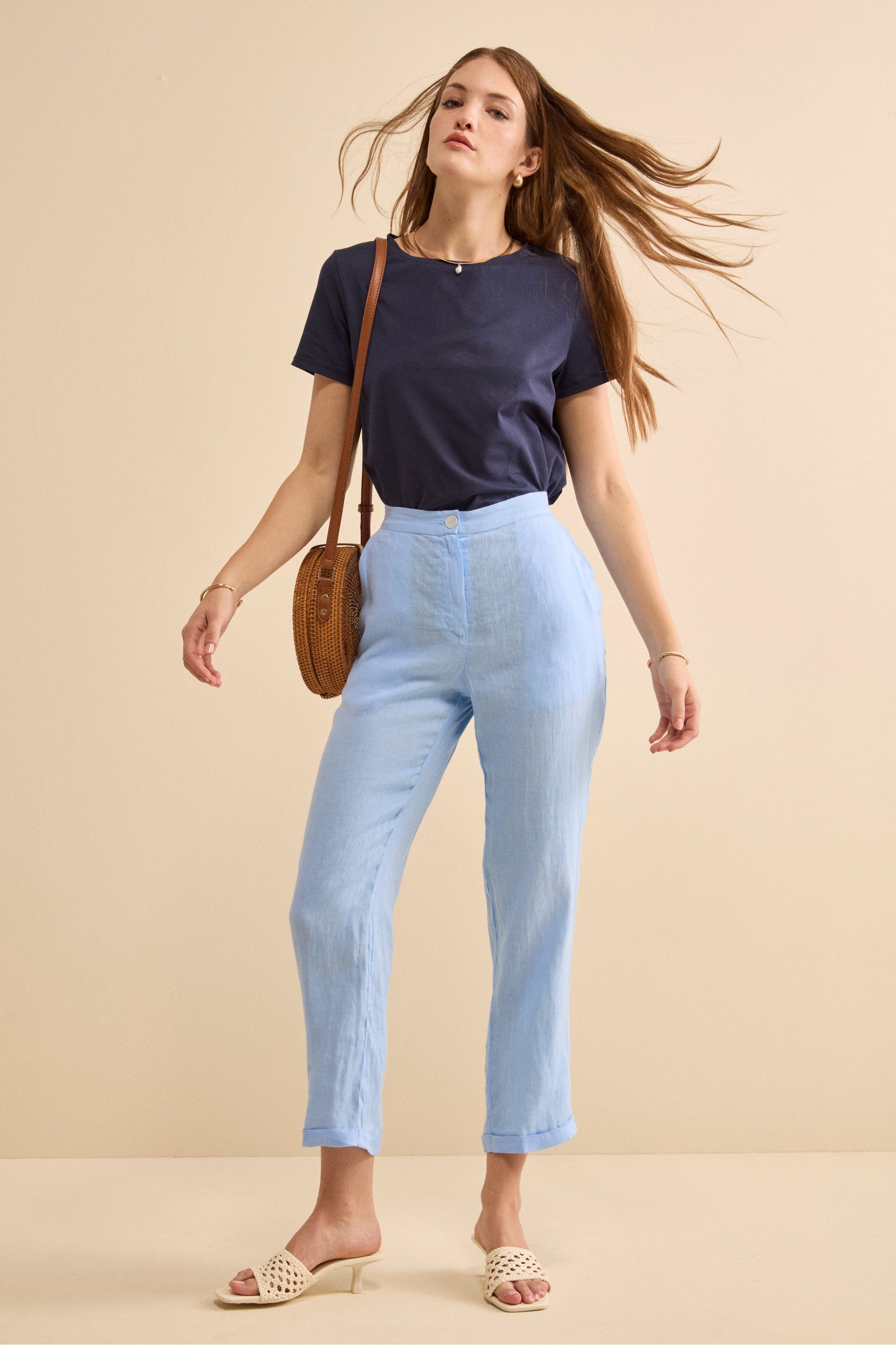 T-Shirt Girocollo in Cotone Elasticizzato - BLU