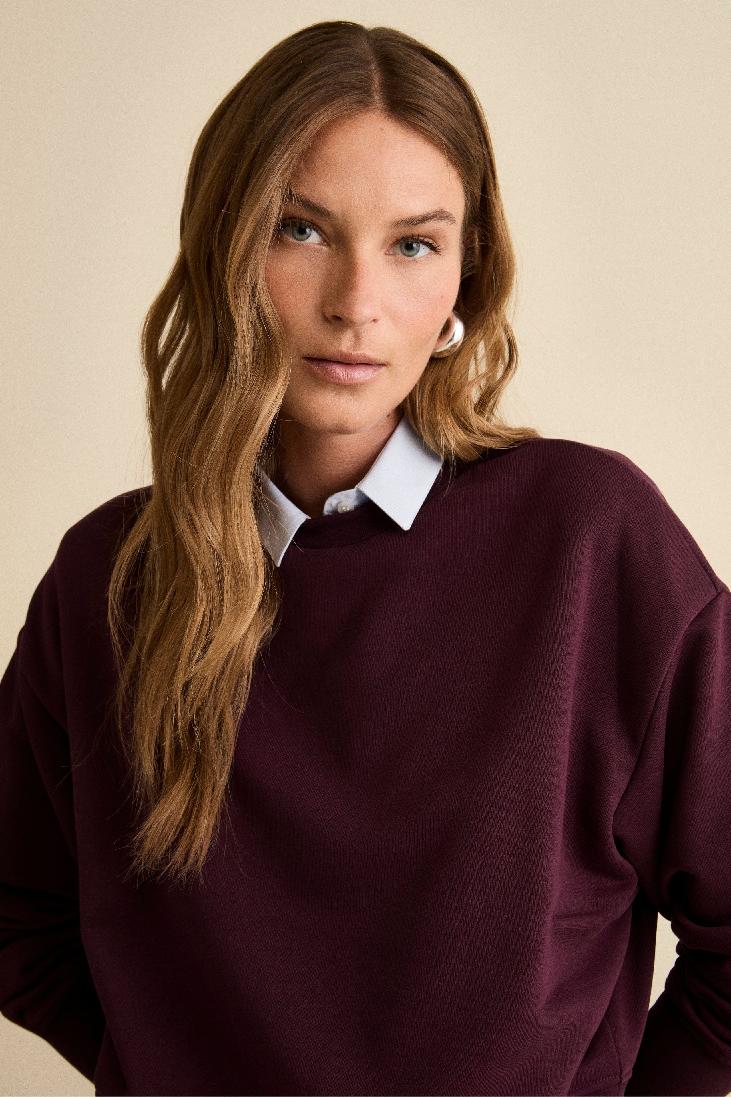 Oversized Cotton Crewneck Sweatshirt - Wine red
