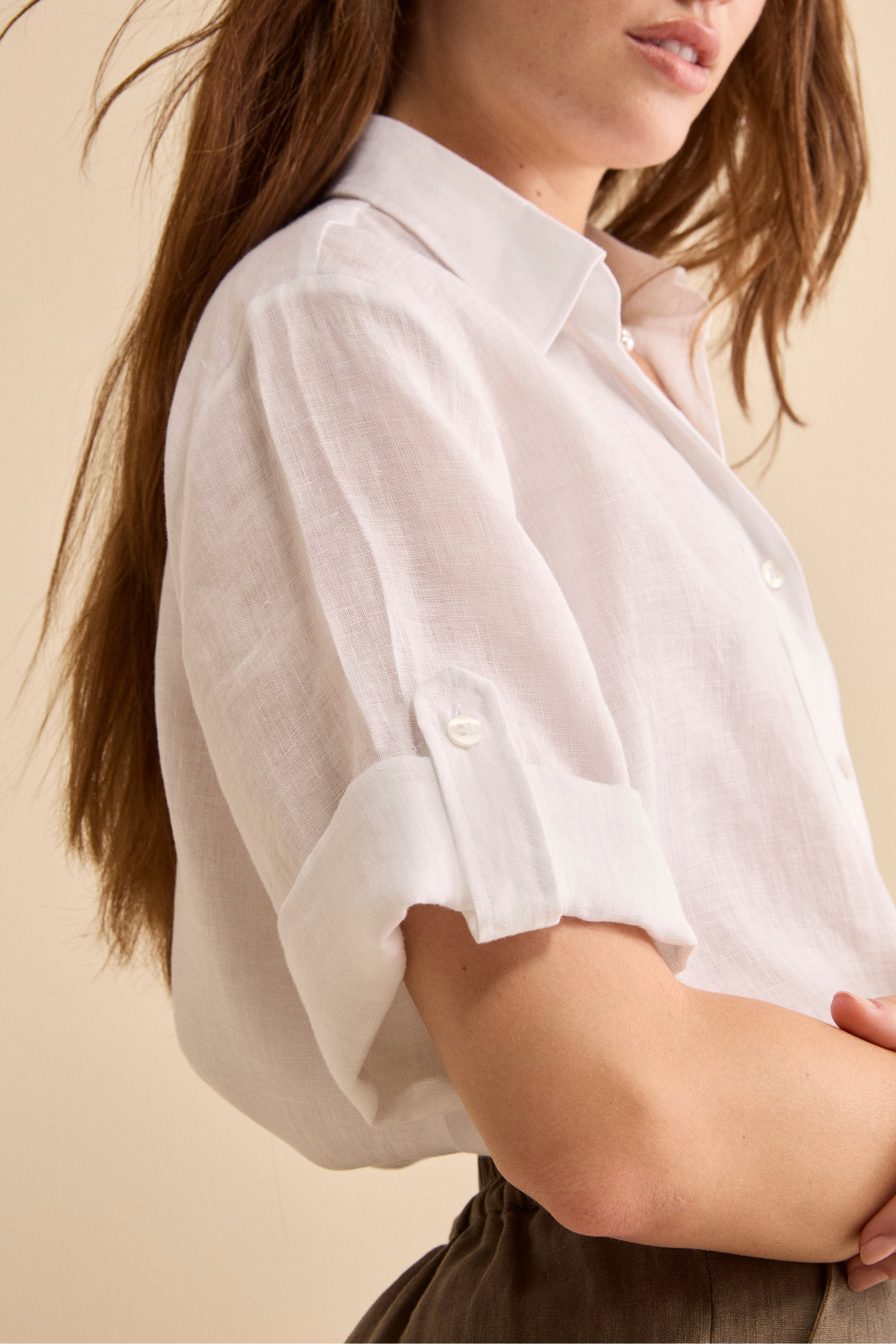 Camicia Over in Lino con Risvolto - BIANCO