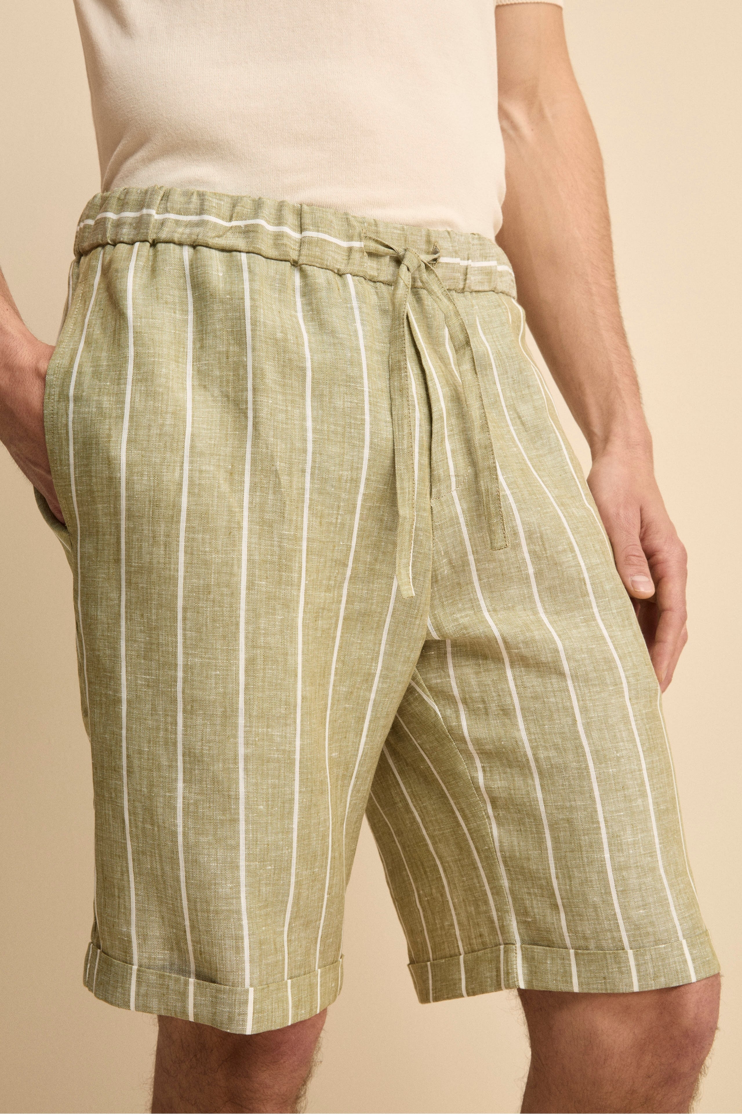 Bermuda in Lino con Coulisse - VERDE RIGATO