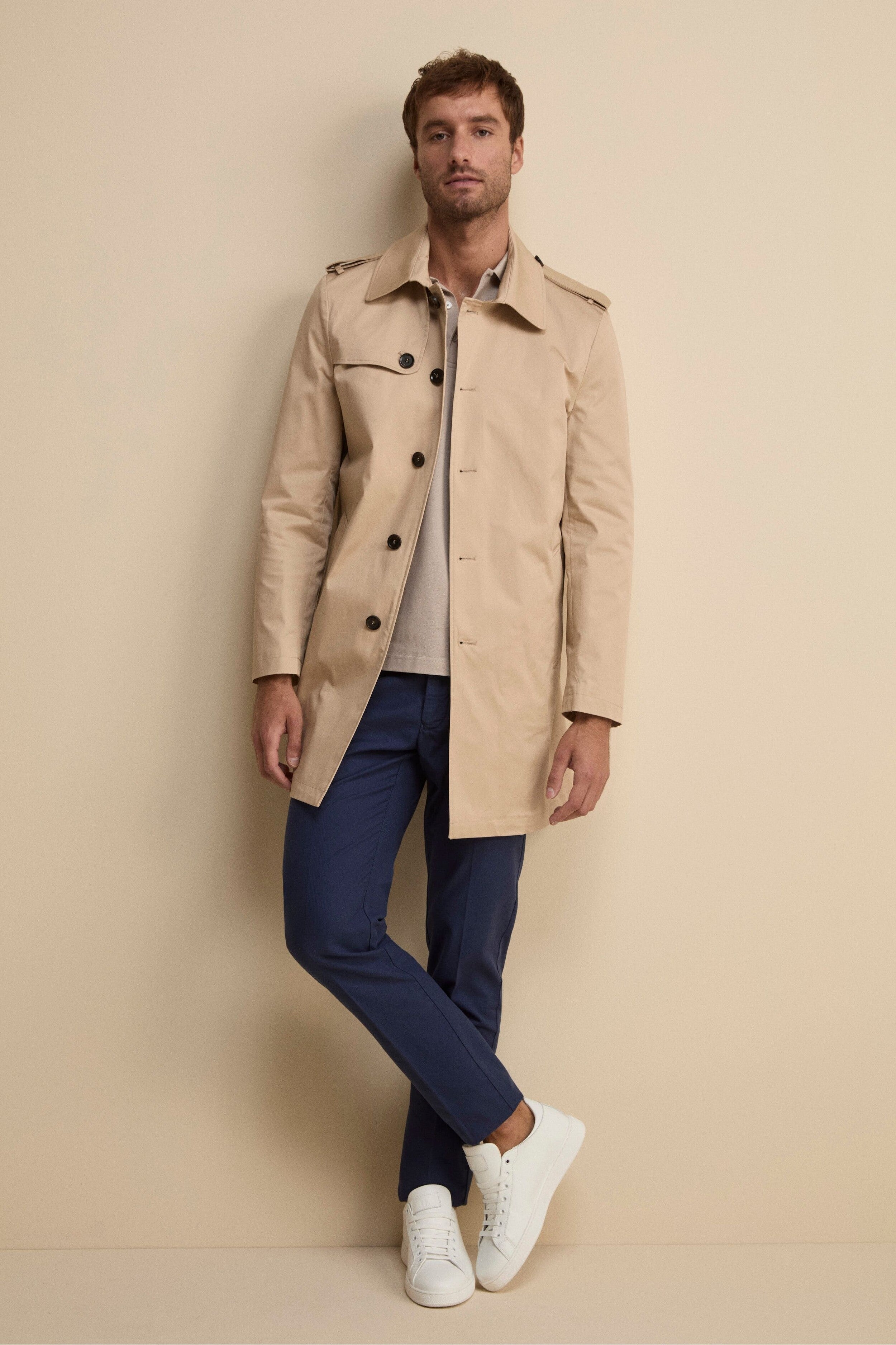 Trench Midi Monopetto in Cotone - BEIGE