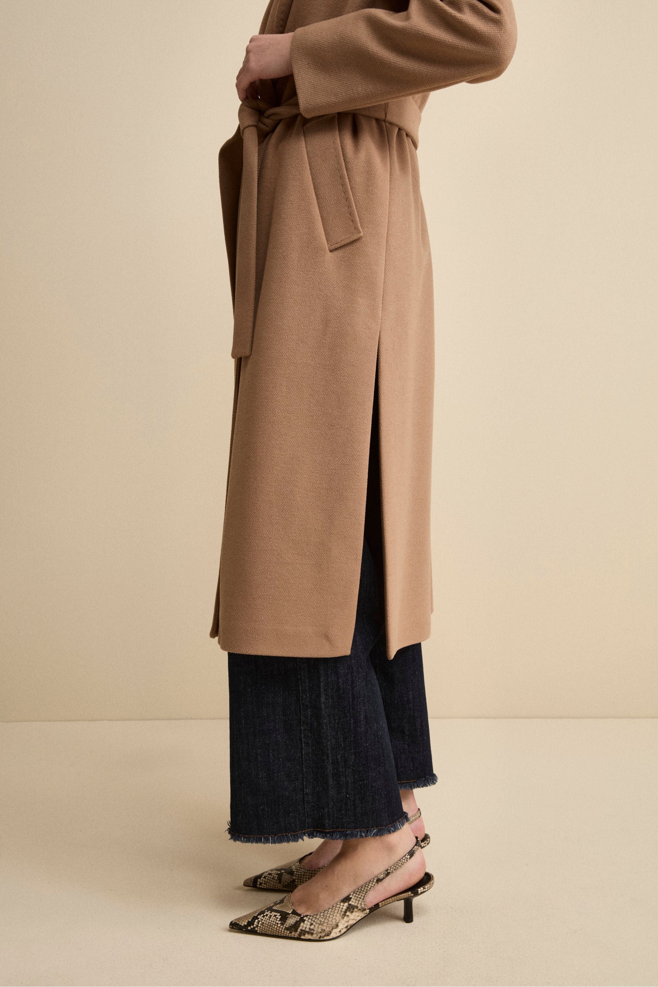 Long Belted Coat with Hood - Camel
