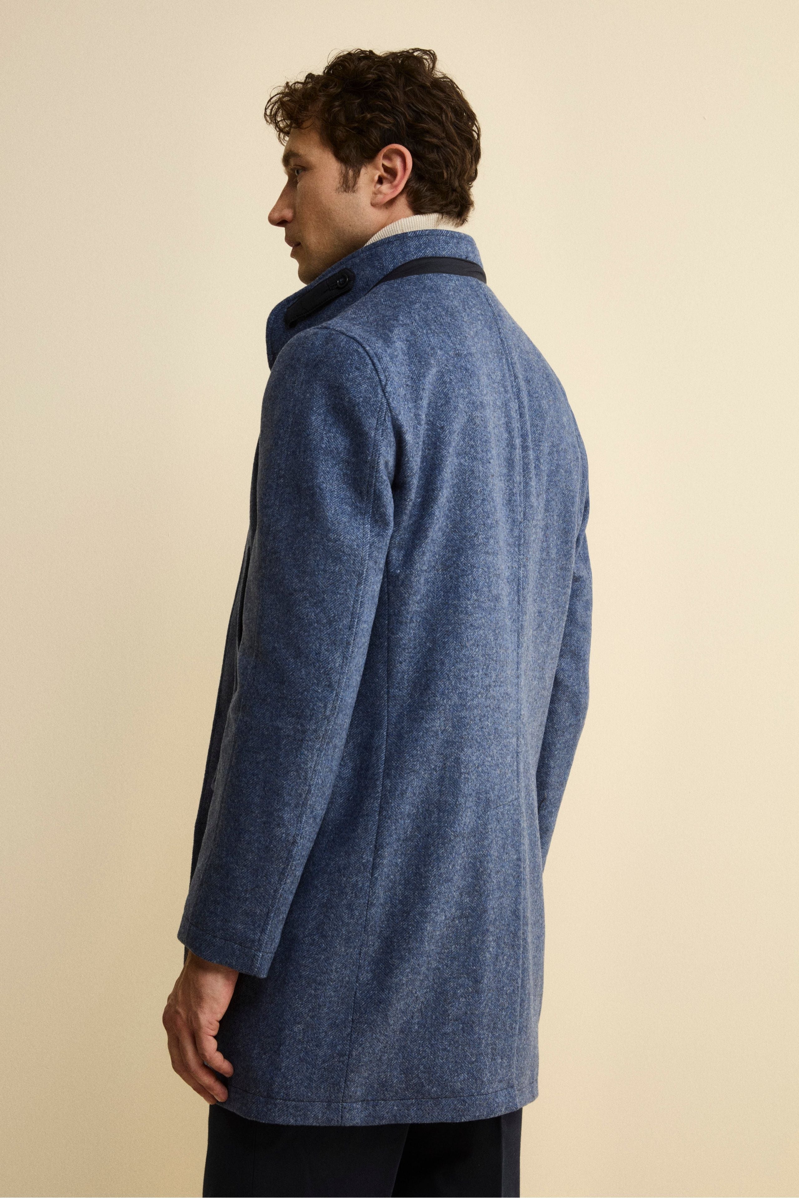 Herringbone Midi Coat in Wool and Cashmere Blend - LIGHT BLUE MELANGE