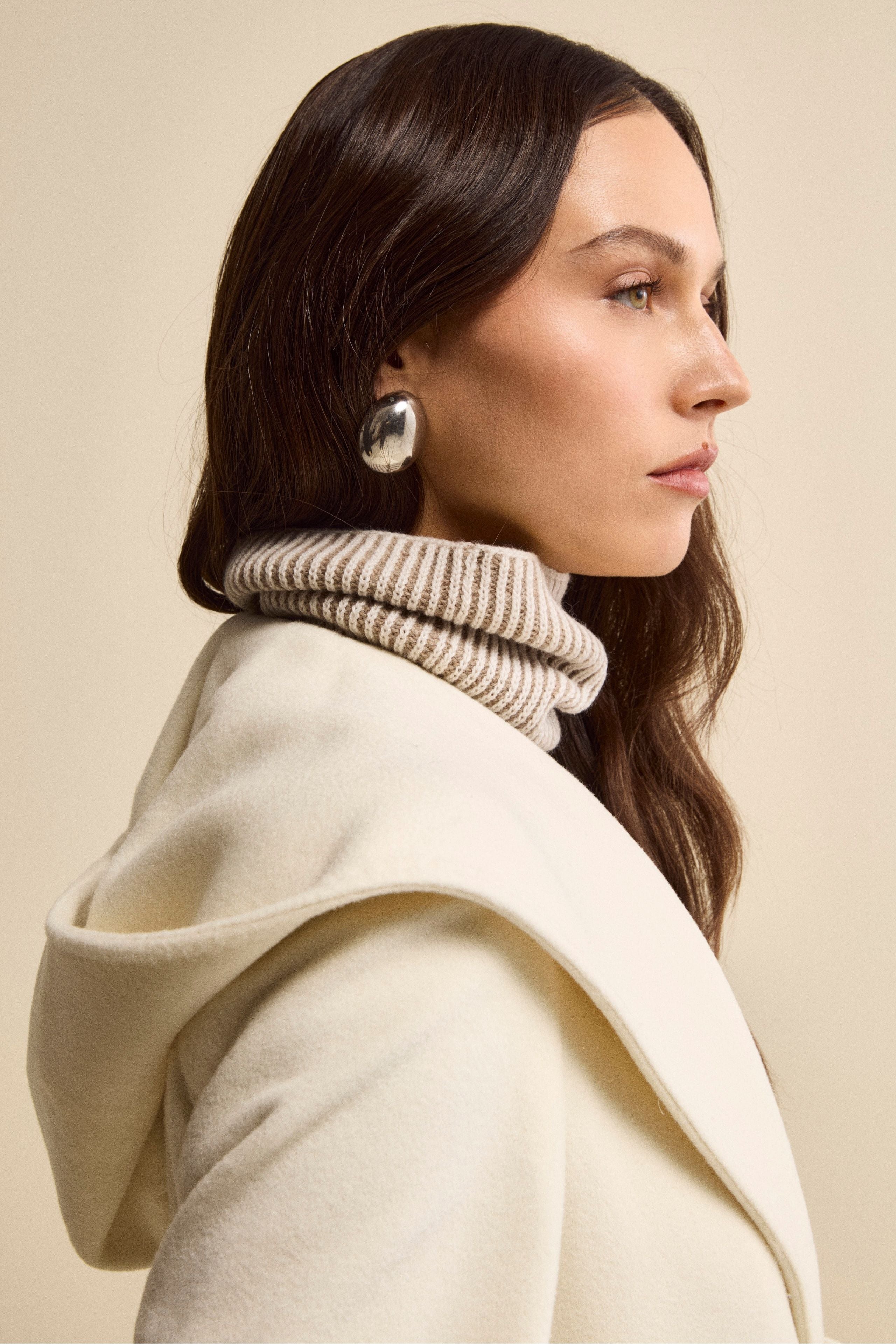 Long Coat in Wool and Cashmere with Hood - CREAM