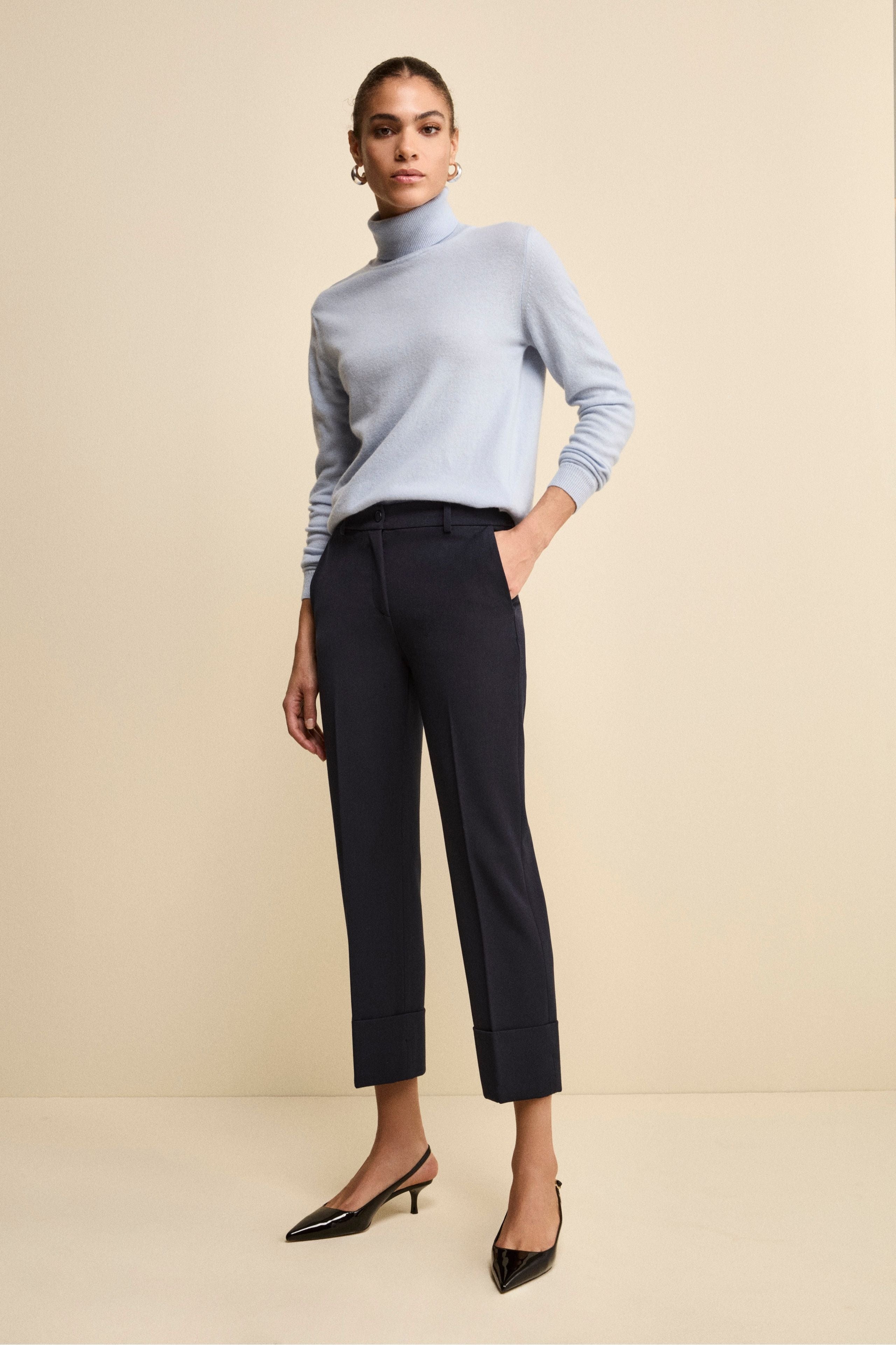 Cigarette Trousers with Pleats and Cuffs - BLUE