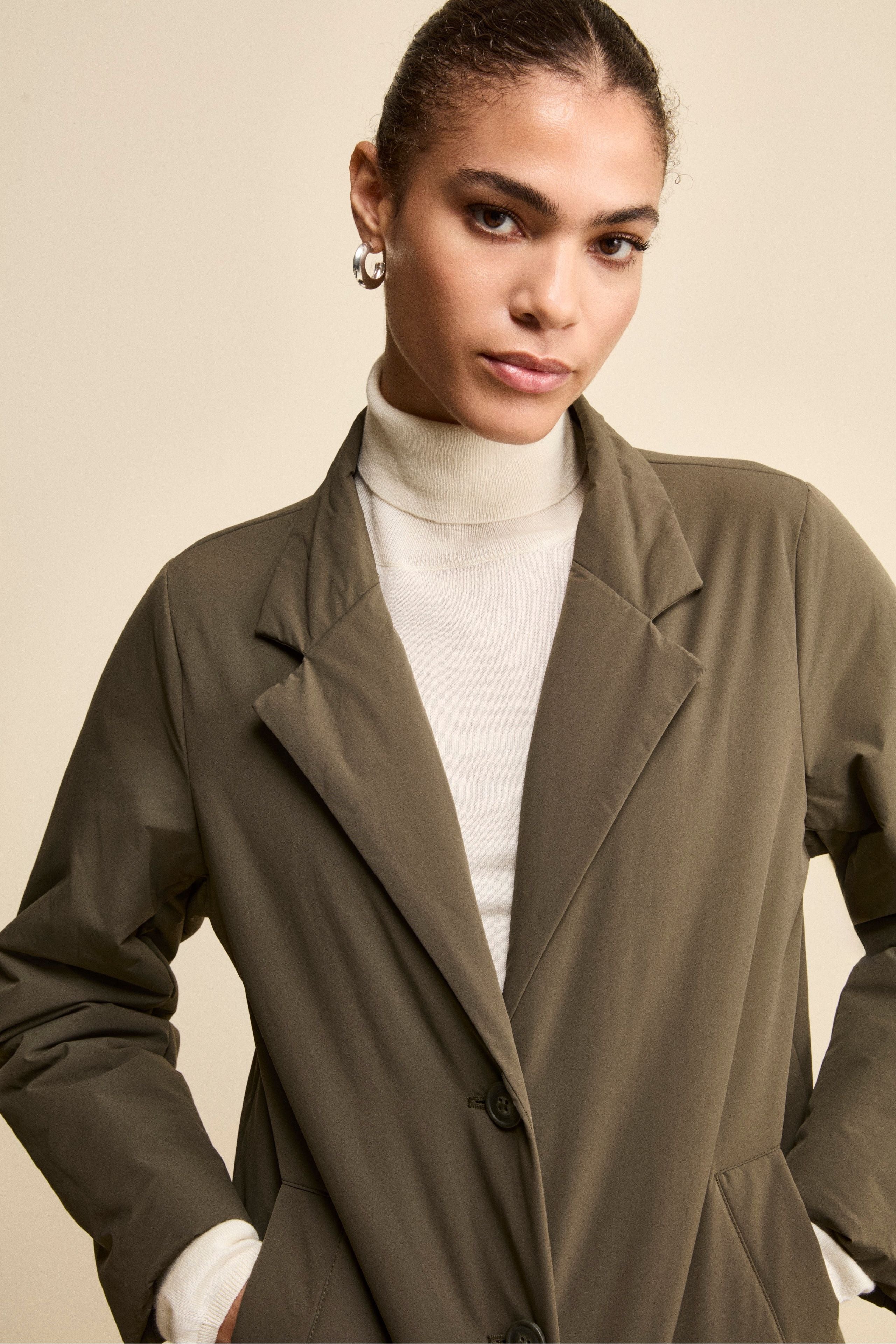 Padded Midi Raincoat with Detachable Hood - Military green