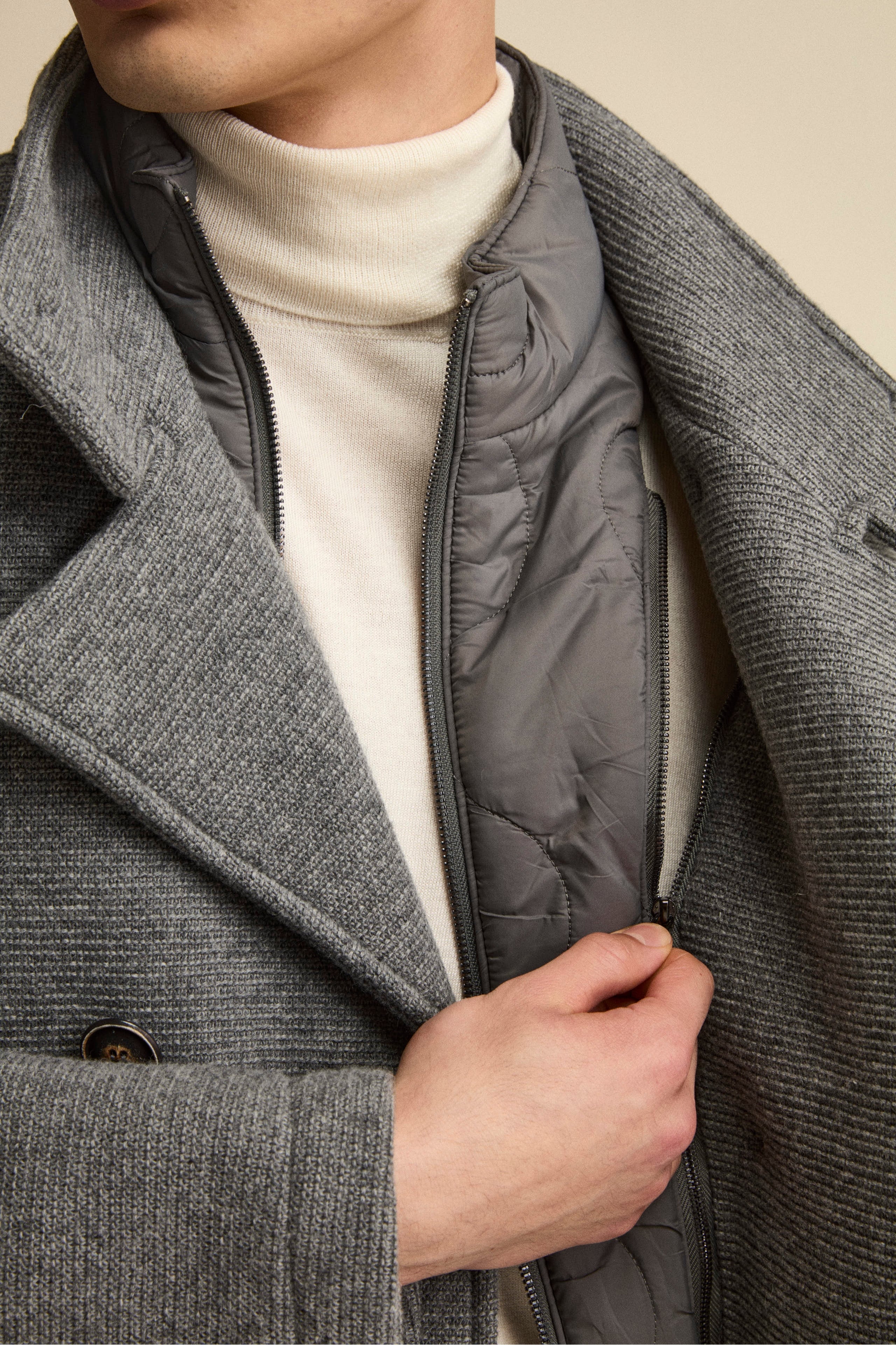 Wool-Blend Double-Breasted Peacoat with Bib - Grey melange