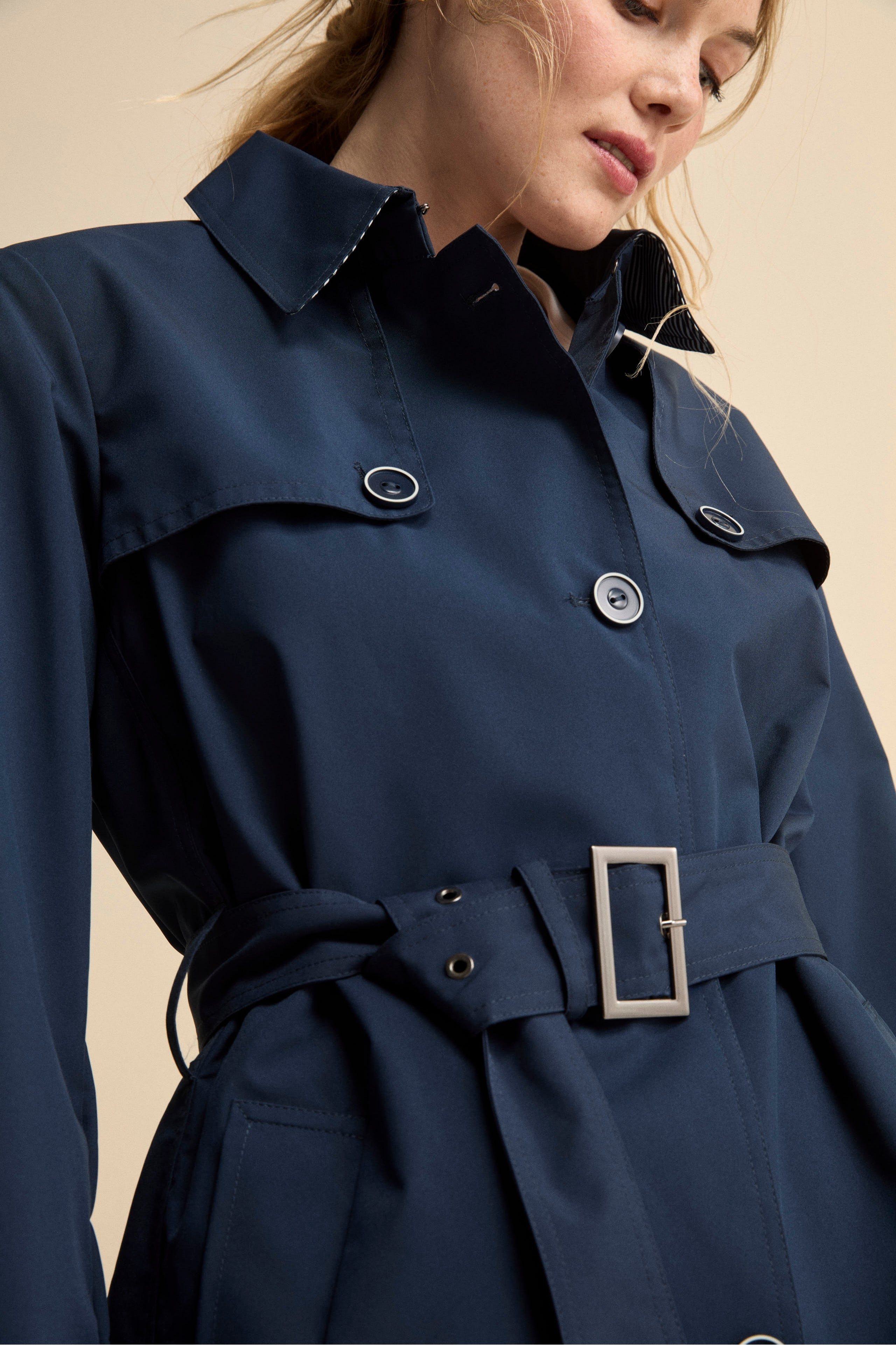 Trench Monopetto Midi con Cintura - BLU