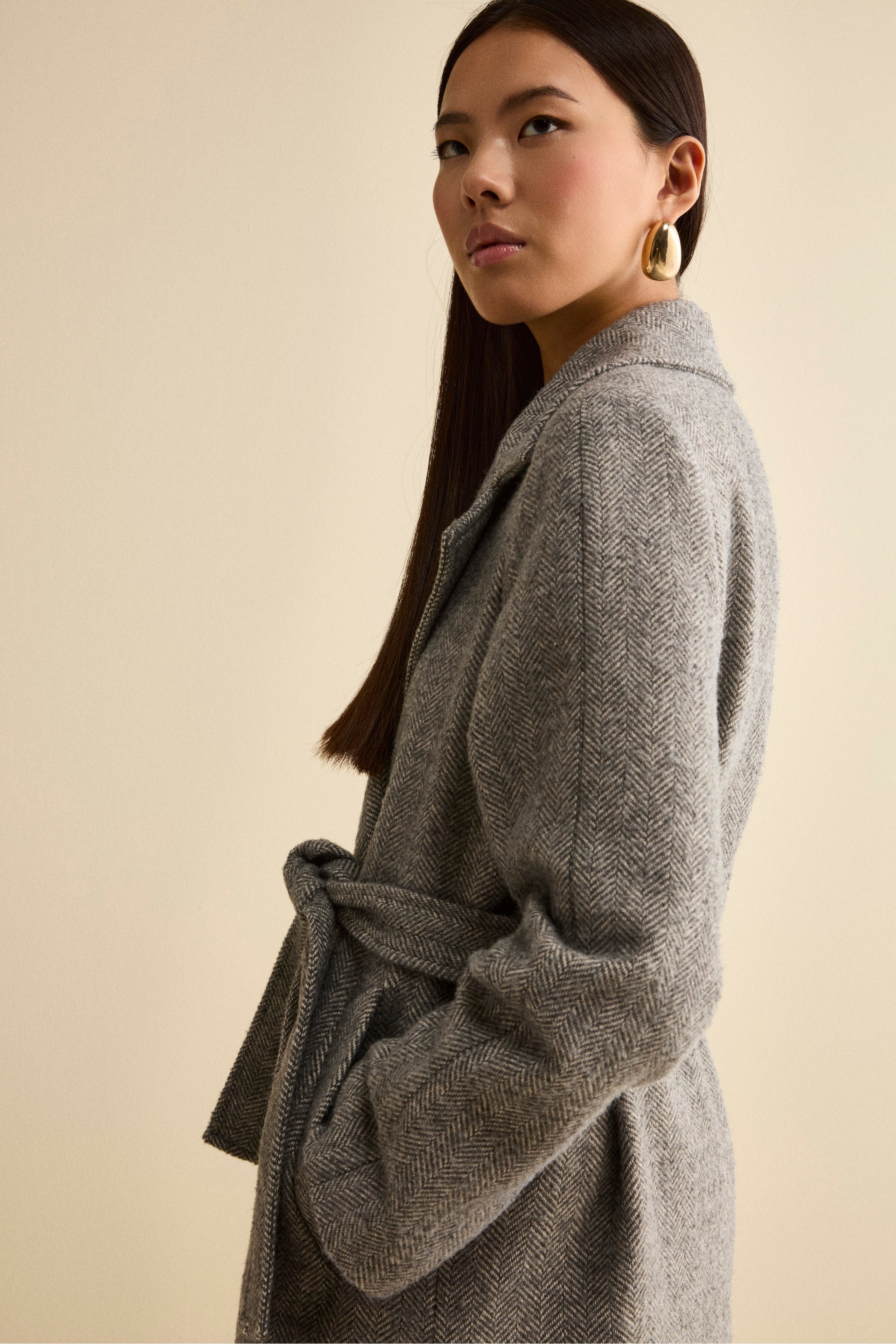 Wrap Coat with Belt in Wool Blend - Grey herringbone