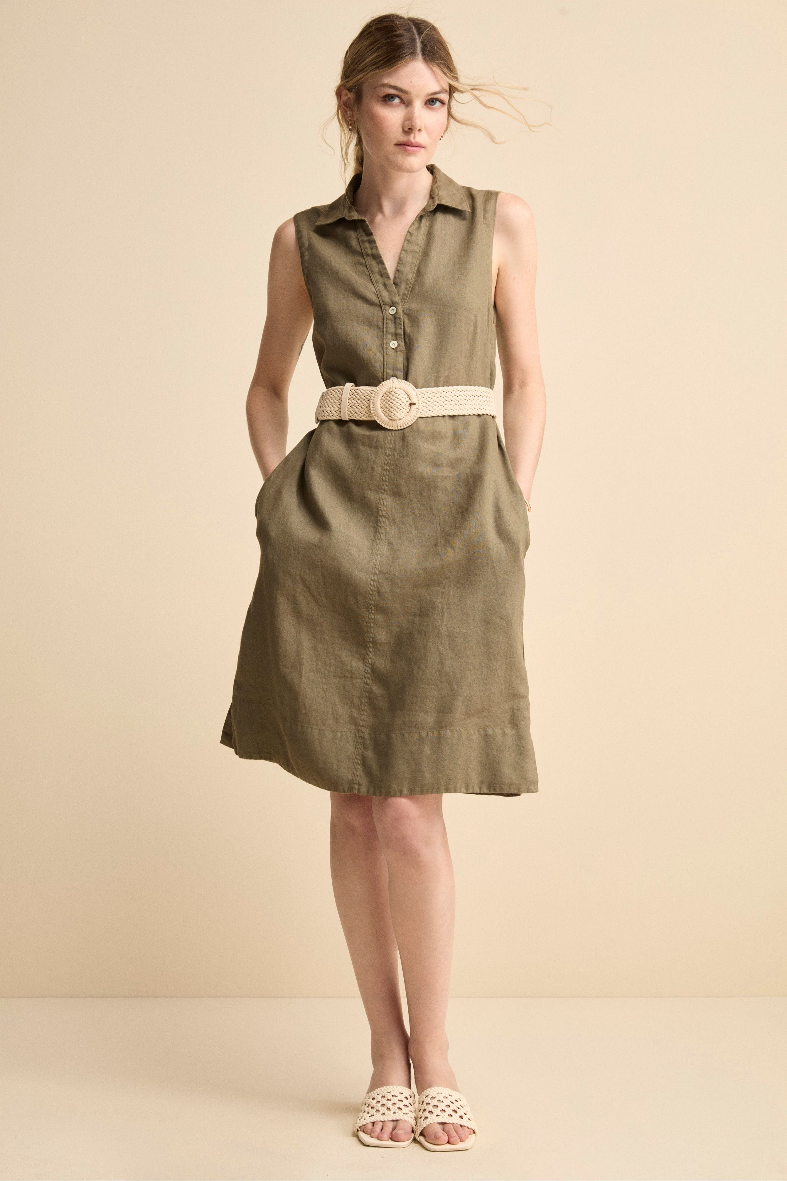 Abito Chemisier Smanicato in Lino - VERDE MILITARE